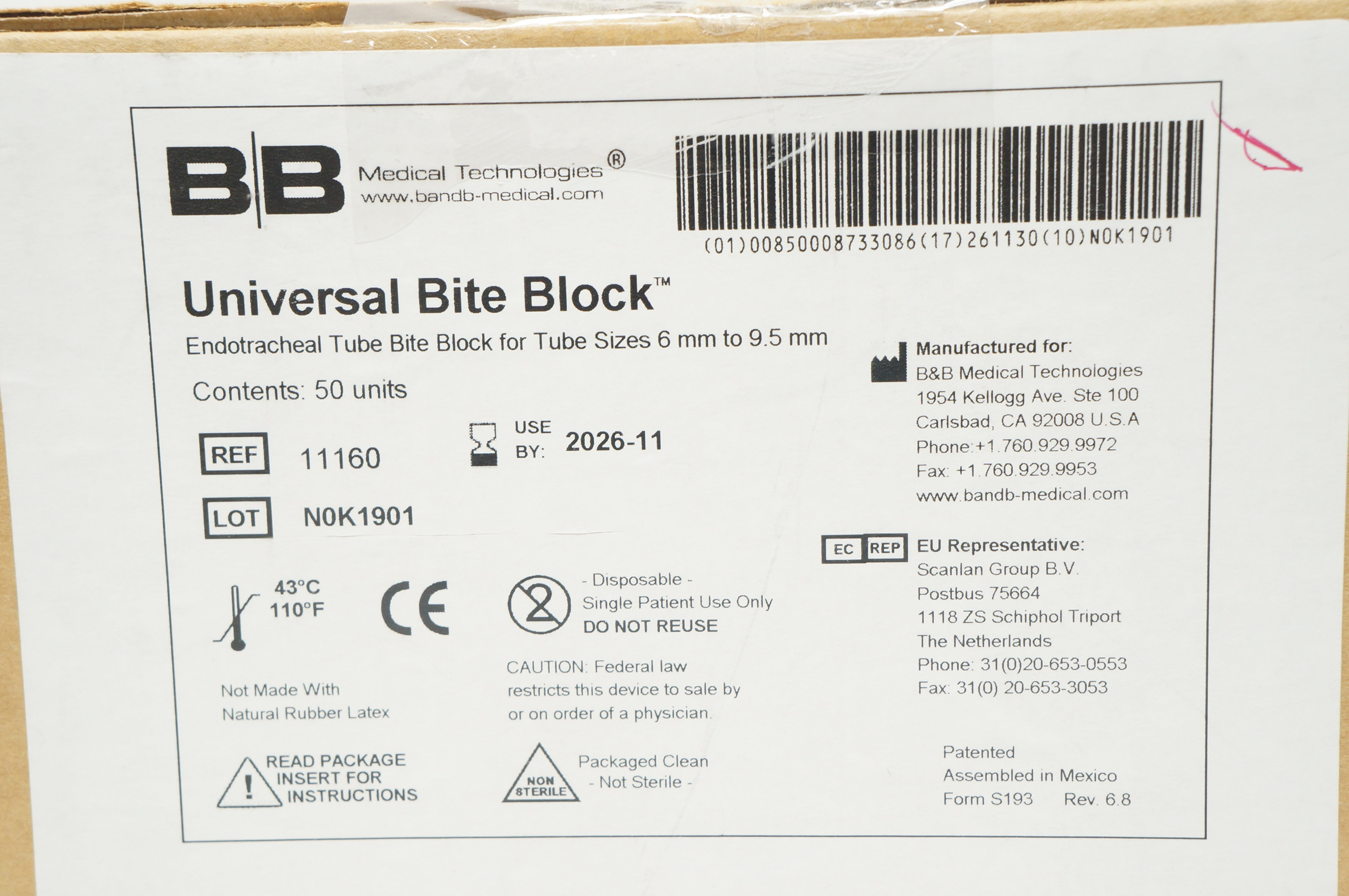 B&B Medical Technologies 11160 Universal Bite Block Endotracheal Tube -Box  of 49