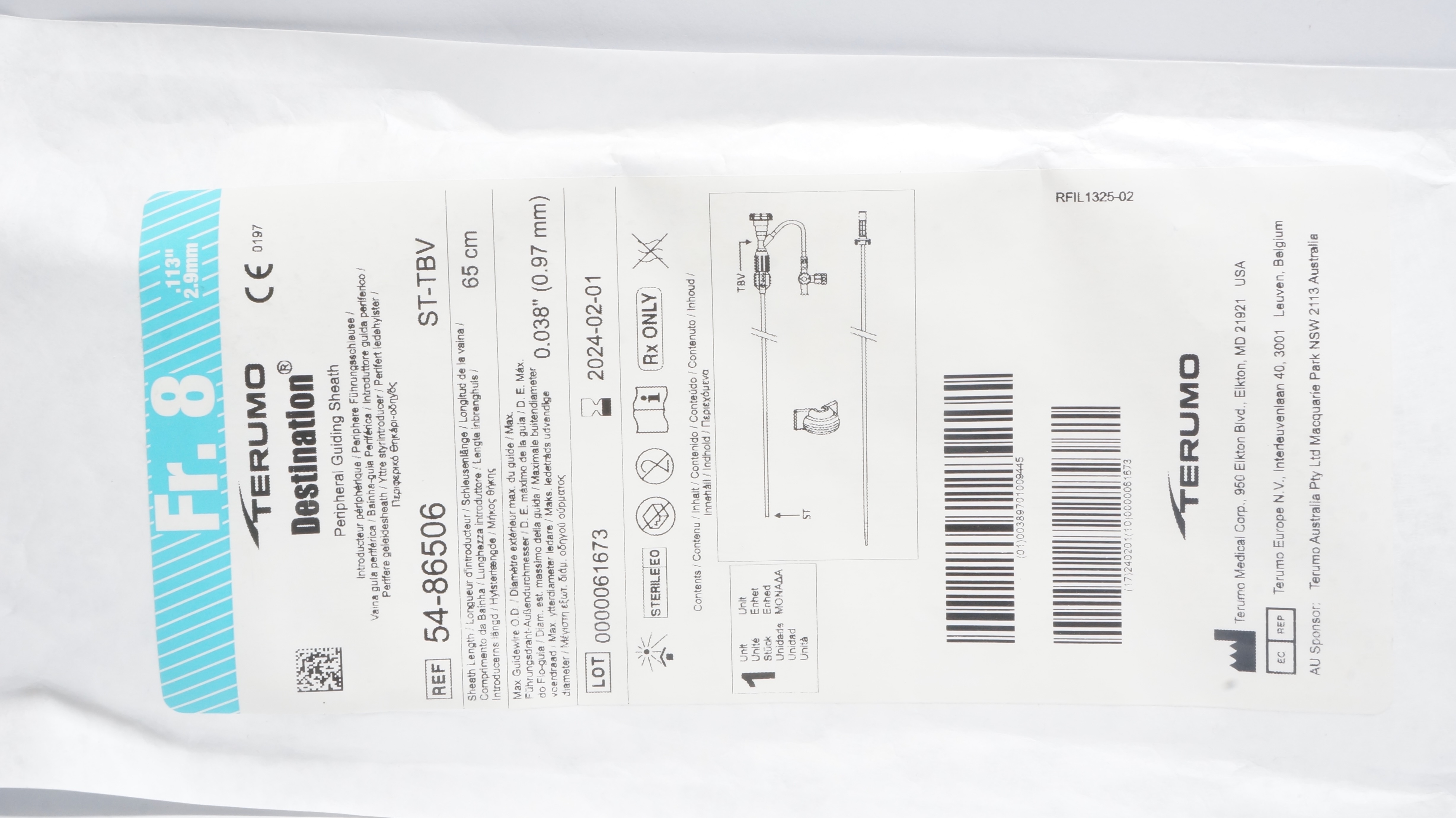Terumo 54-86506 Destination Peripheral Guiding Sheath 8Fr x 65cm x 0.038inch (x)