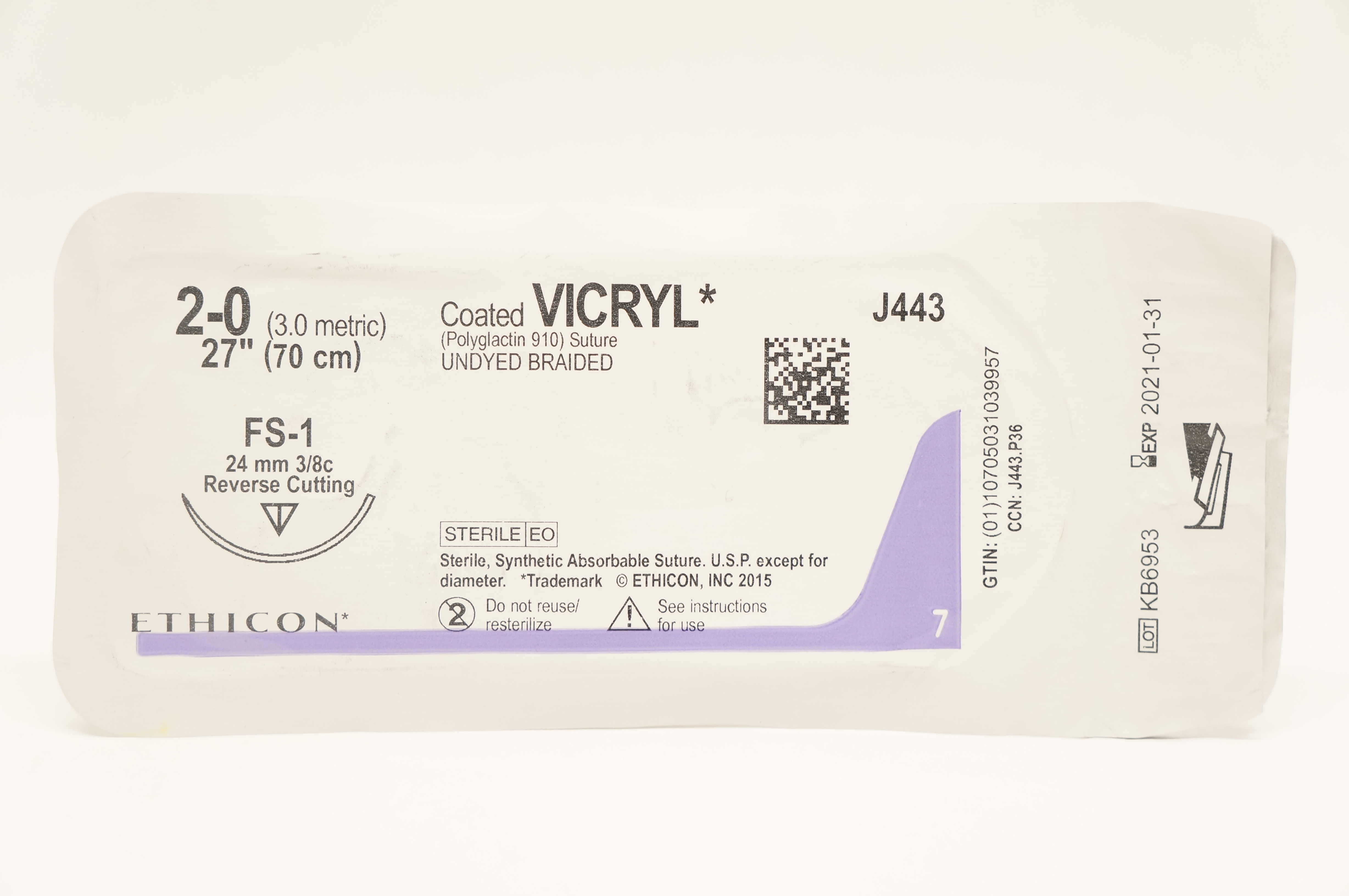 Ethicon J443 2-0 Coated VICRYL Stre FS-1 24mm 3/8c Reverse Cutting 27 inch (x)