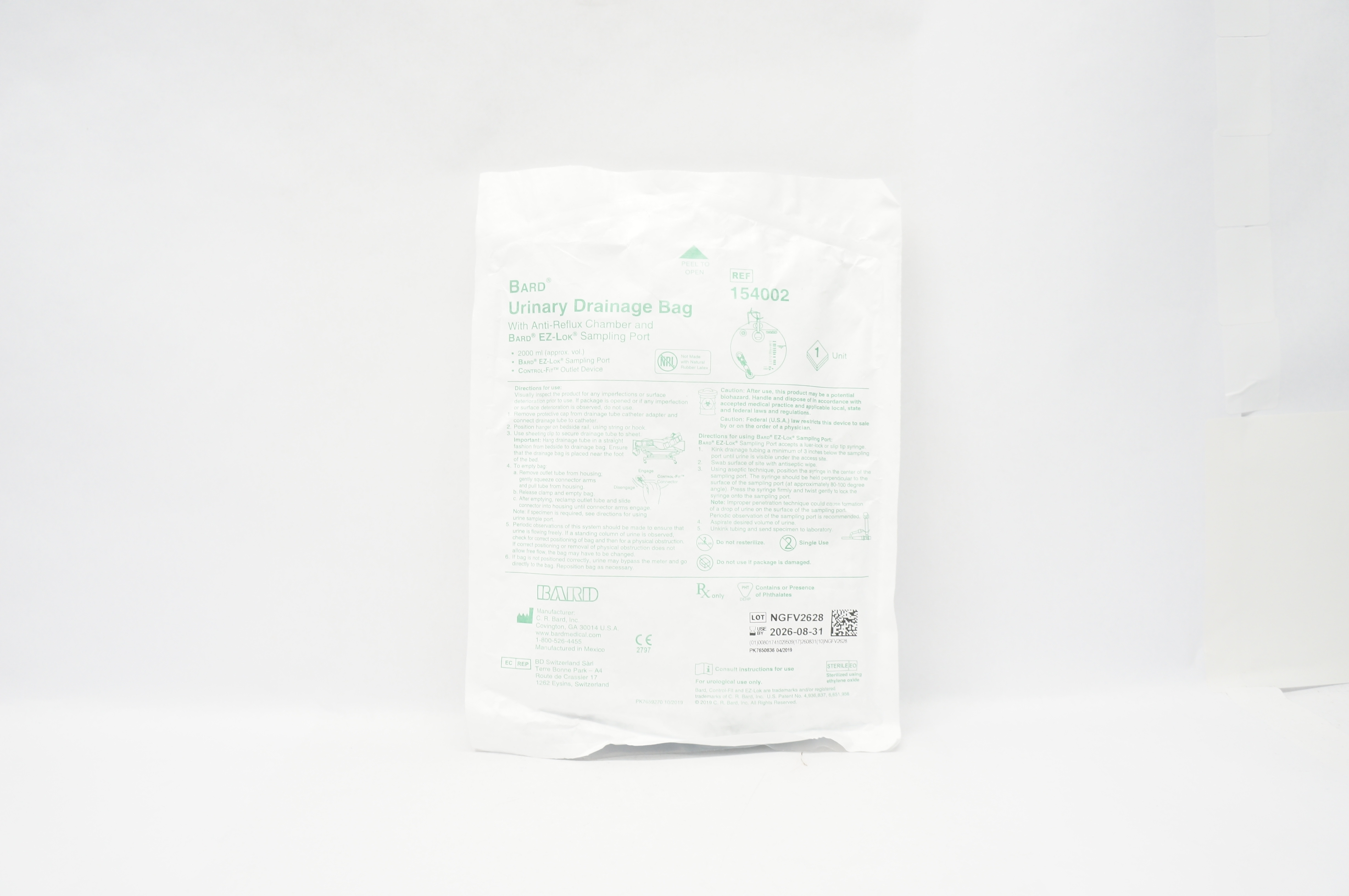 Bard 154002 Urinary Drainage Bag with Anti-Reflux Chamber & Sampling