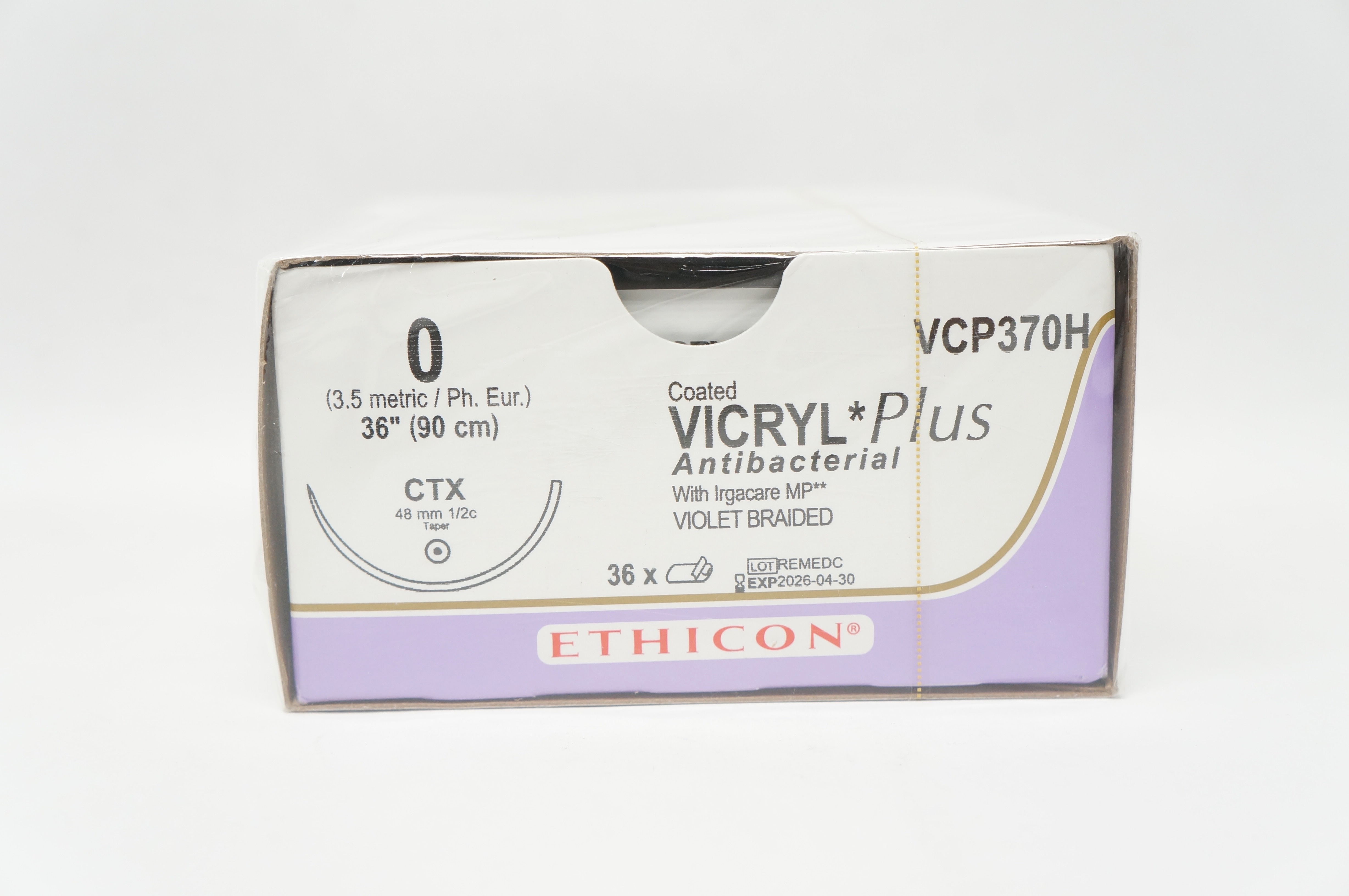 Ethicon VCP370H 0 Vicryl Plus Stre CTX 48mm 1/2c Taper, 36inch - Box of 36