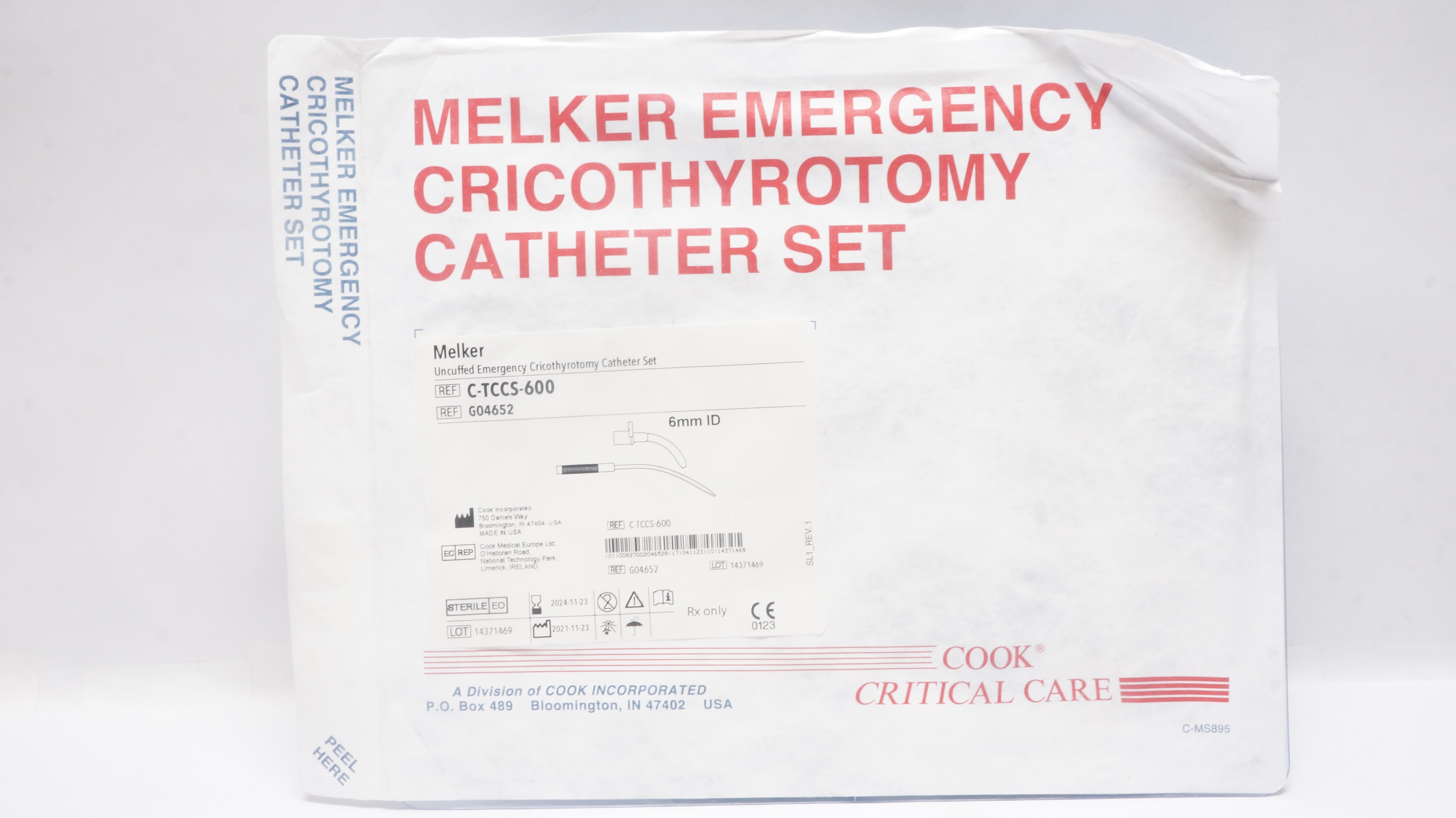 Cook Medical G04652 Melker Emergency Cricothyrotomy Cath. Set 6mm ID