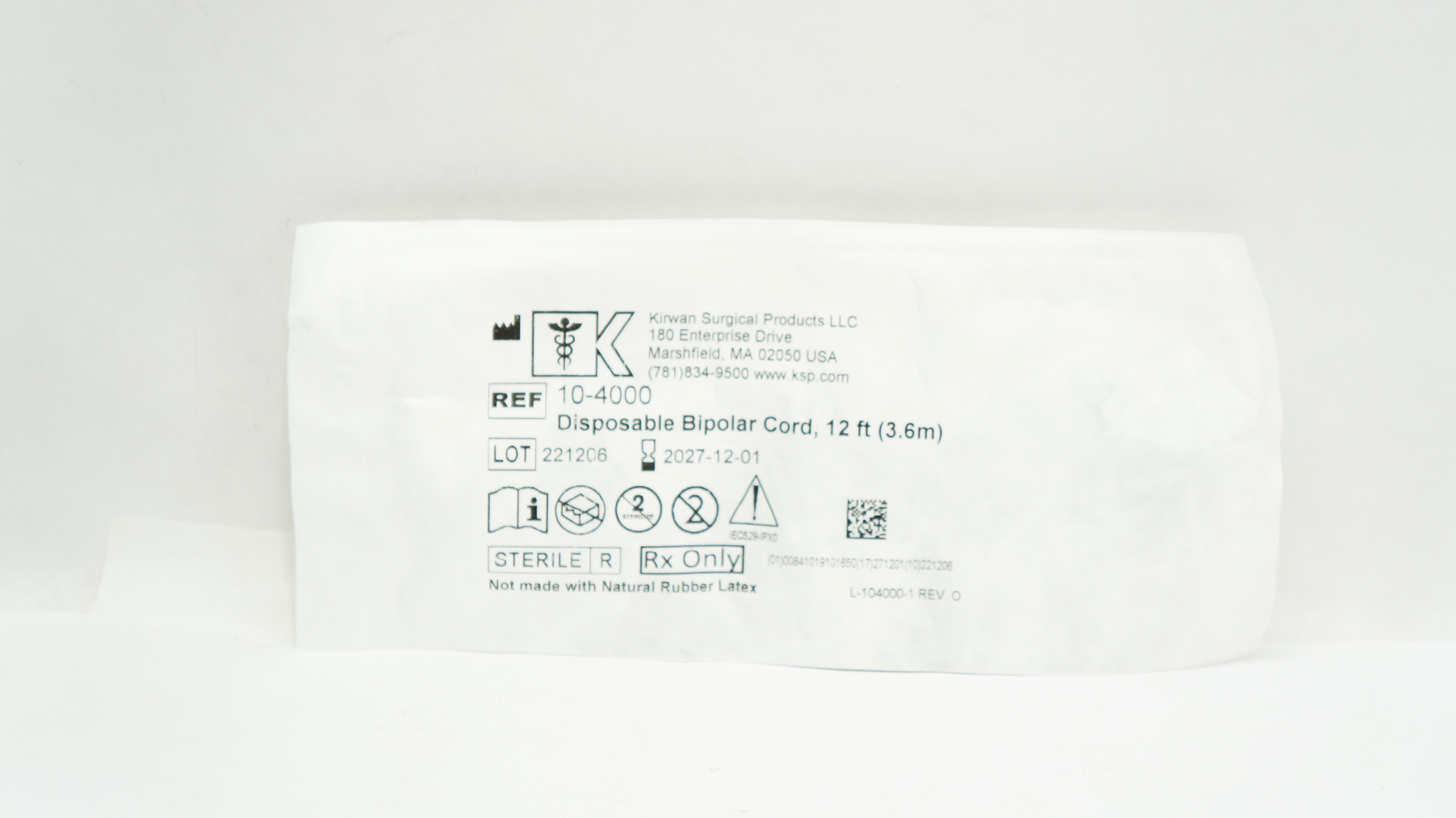 Kirwan Surgical 10-4000 Disposable Bipolar Cord 12ft.