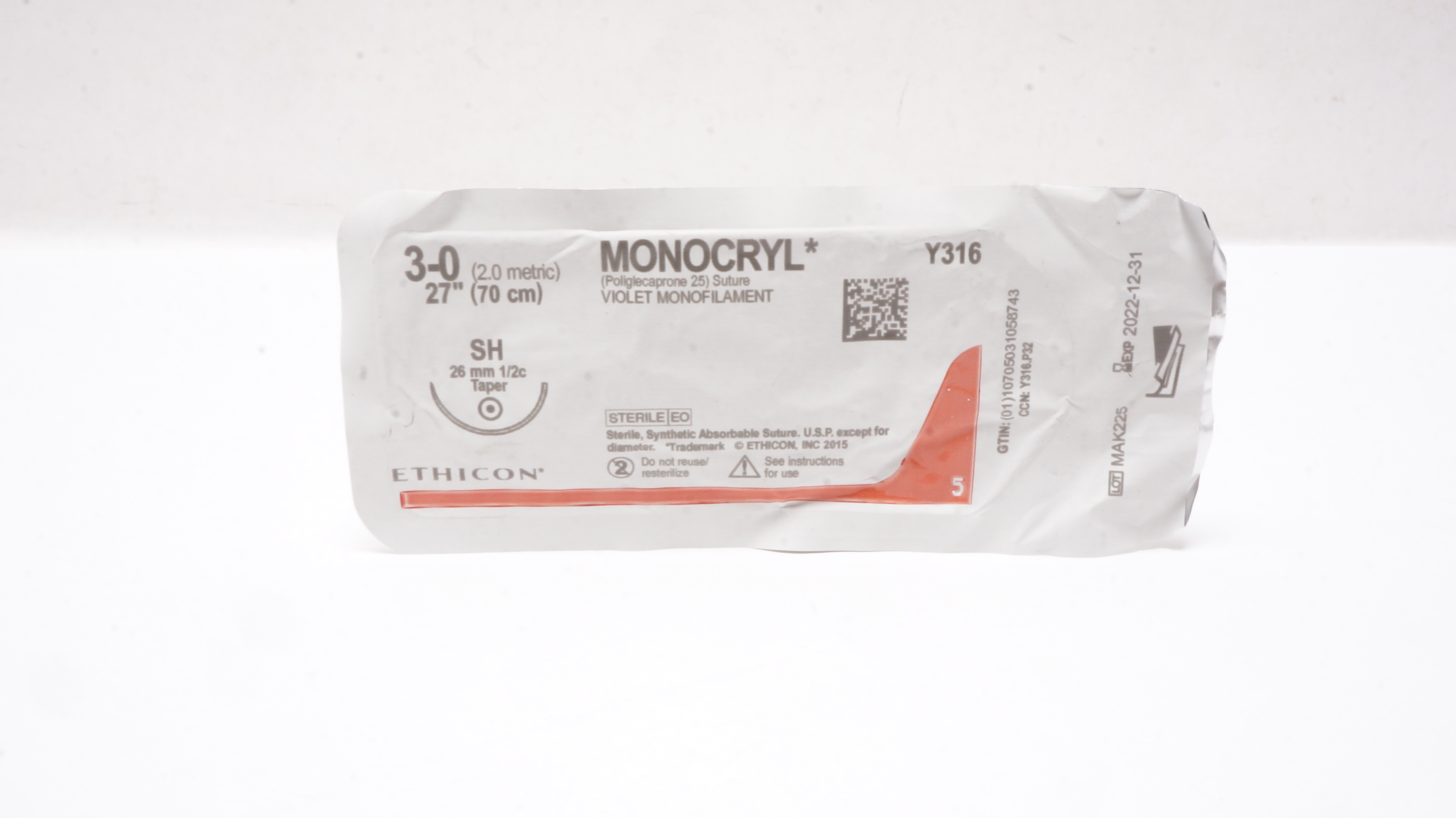 Ethicon Y316 3-0 MONOCRYL Violet Monofilament SH 26mm 1/2c Taper 27inch (x)