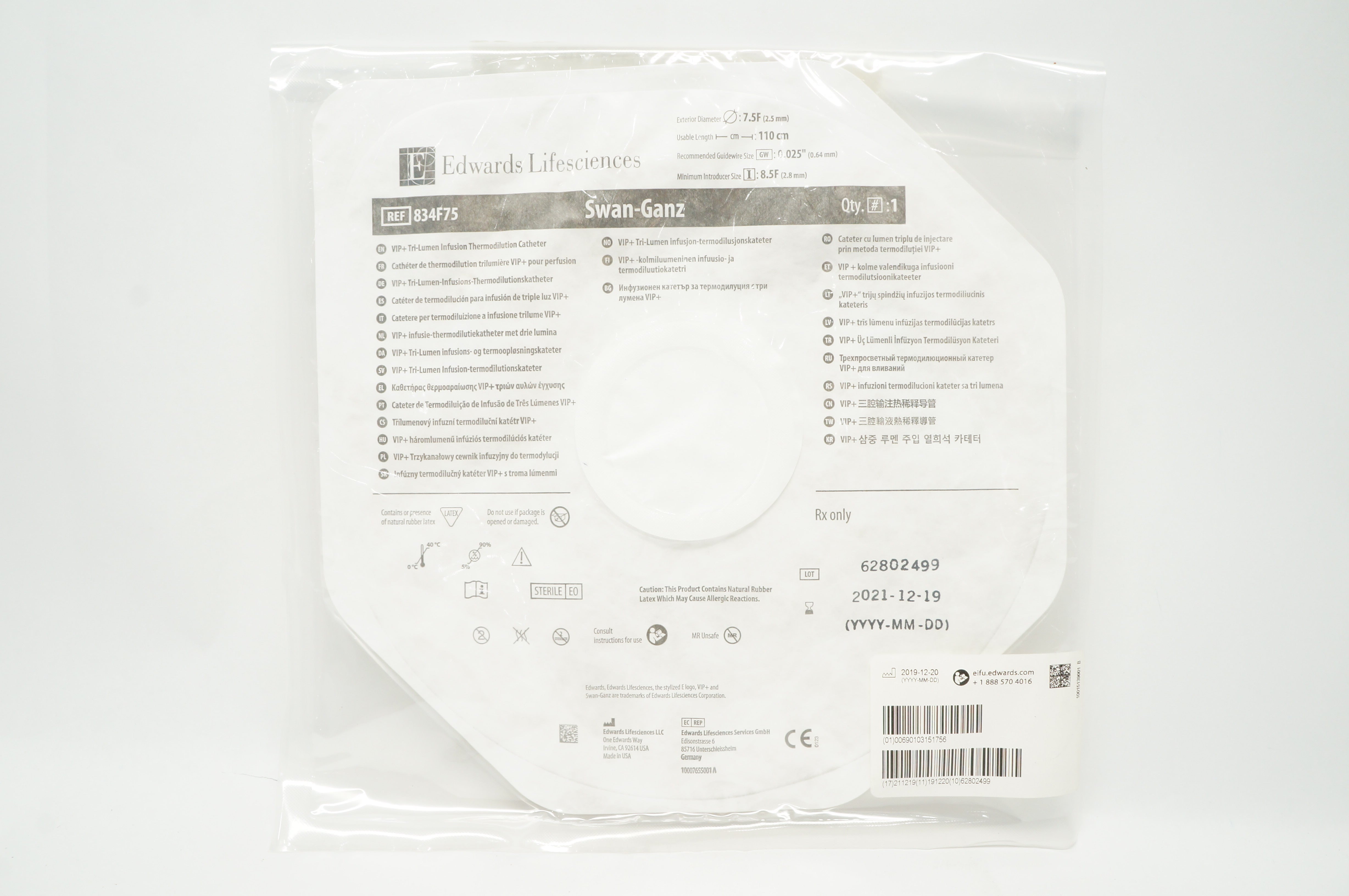 Edwards Lifesciences 834F75 Swan-Ganz Thermodilution Cath. 7.5Fx110cmx 0.025inch