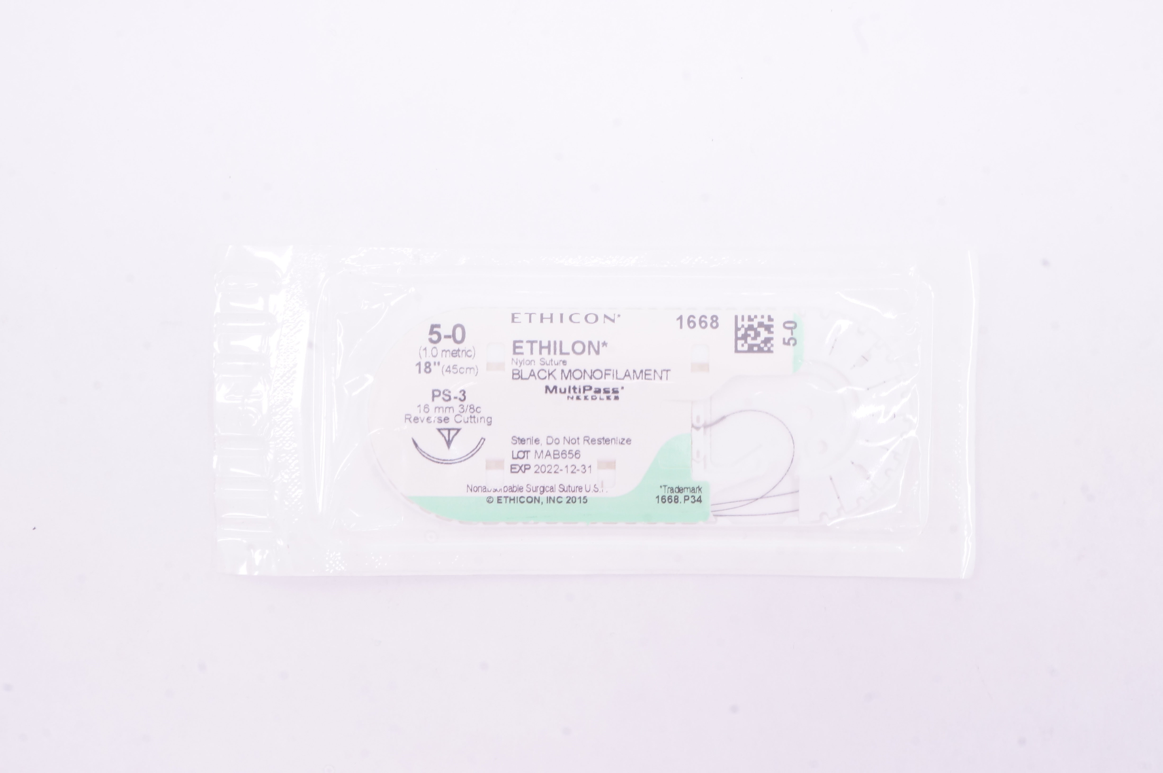 Ethicon 1668 5-0 ETHILON Nylon Stre PS-3, 16mm 3/8c Reverse Cutting, 18inch