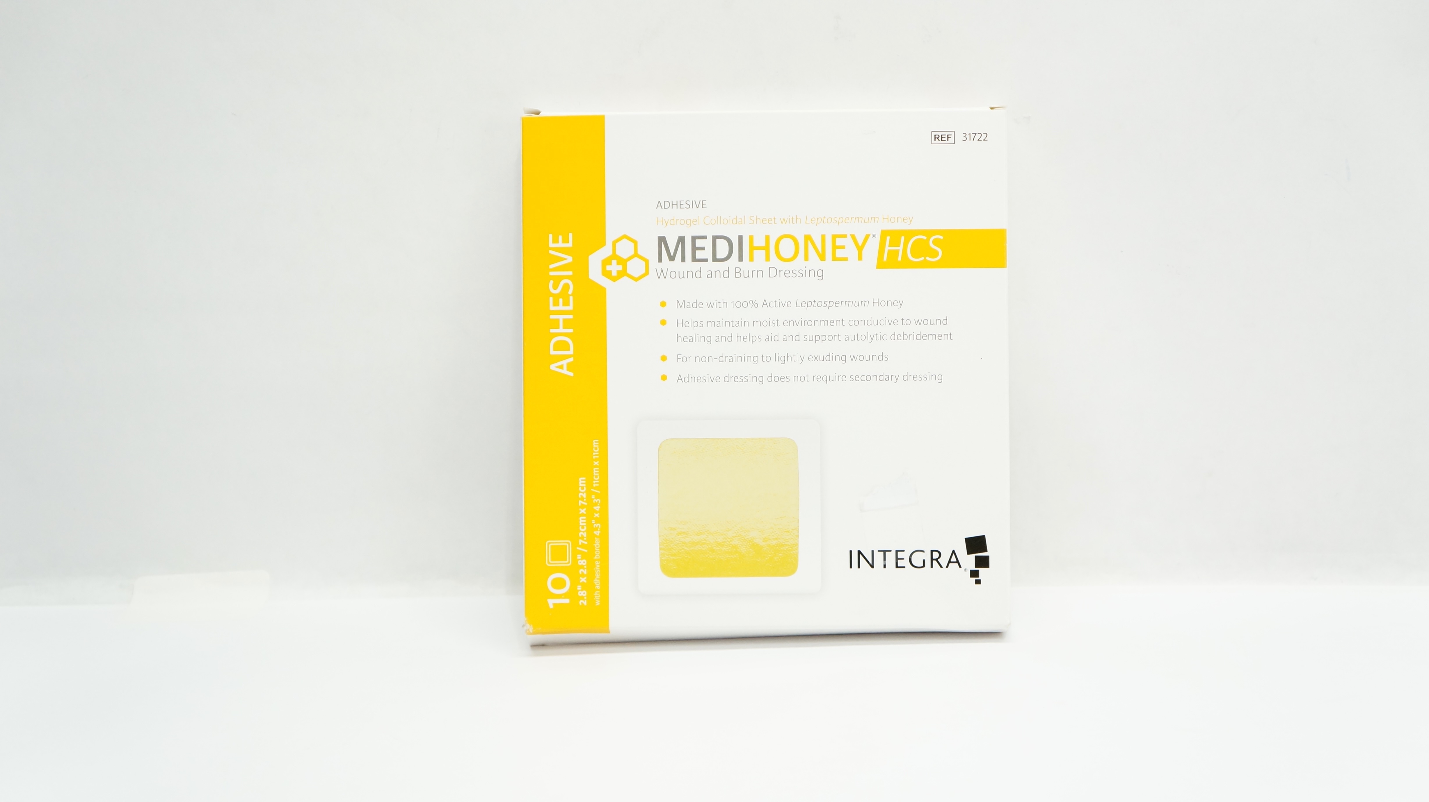 Integra 31722 MEDIHONEY Adhesive WITH HCS Sheet 2.8inch x 2.8inch - Box of 10