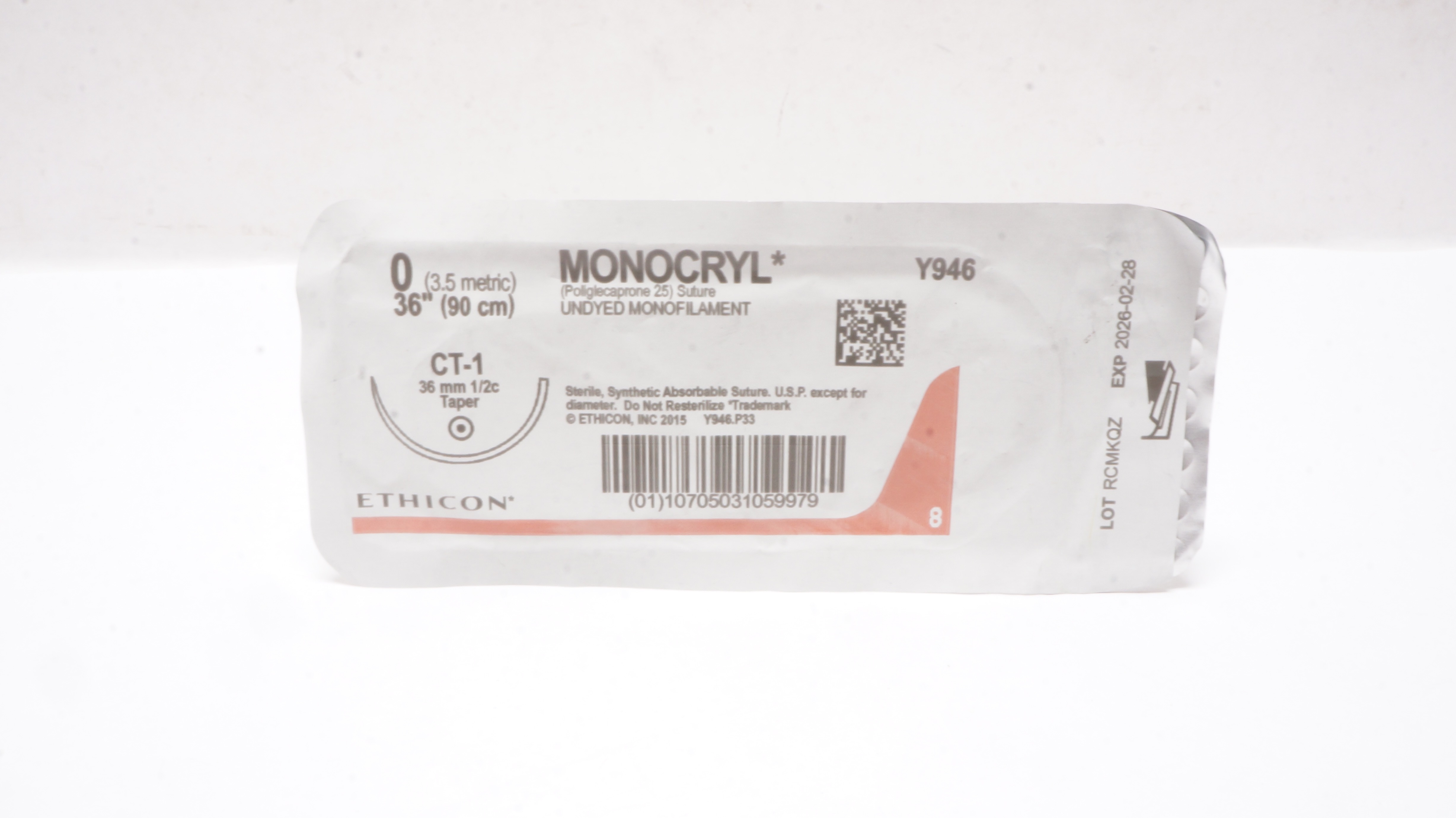 Ethicon Y946 0 MONOCRYL  Undyed Monofilament CT-1 36mm 1/2c Taper 36inch