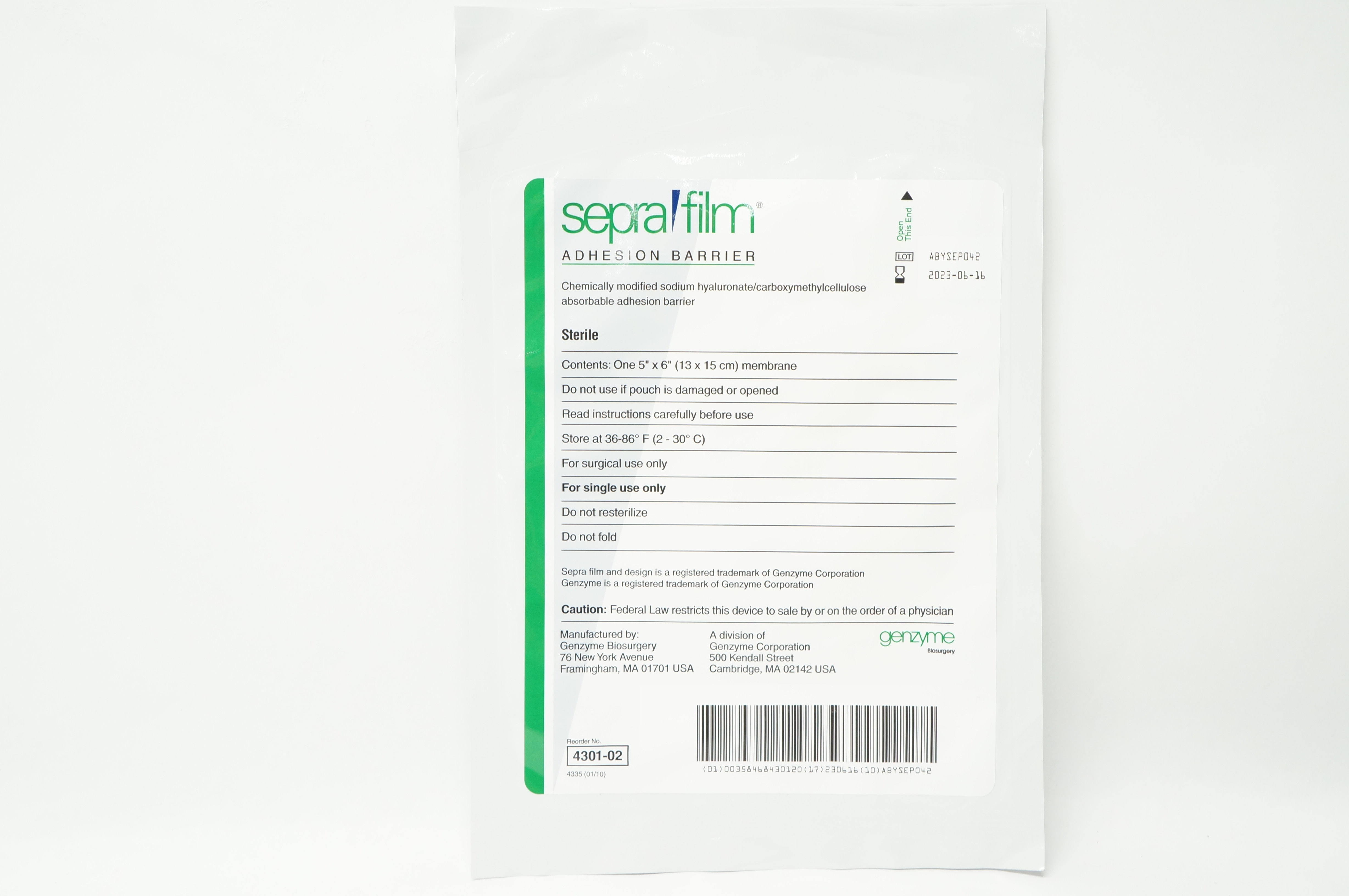 Genzyme 4301-02 Sepra Film Adhesion Barrier Membrane 5inch x 6inch (x)