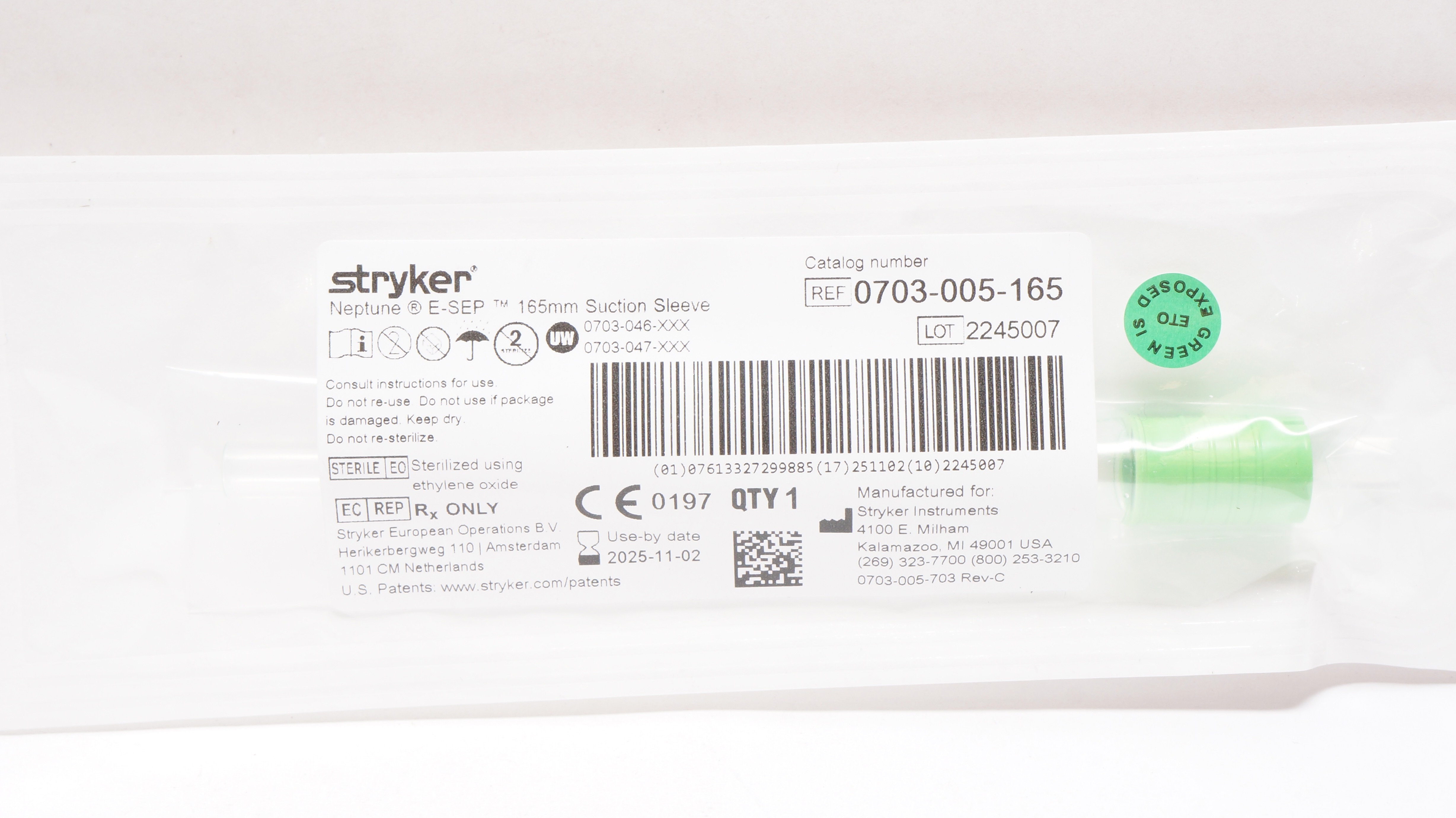 Stryker 0703-005-165 Neptune E-SEP Suction Sleeve 165mm