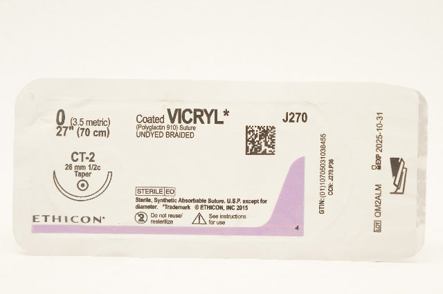 Ethicon J270 0 Coated VICRYL (Polyglactin 910) Stre CT-2 26mm 1/2c Taper 27inch