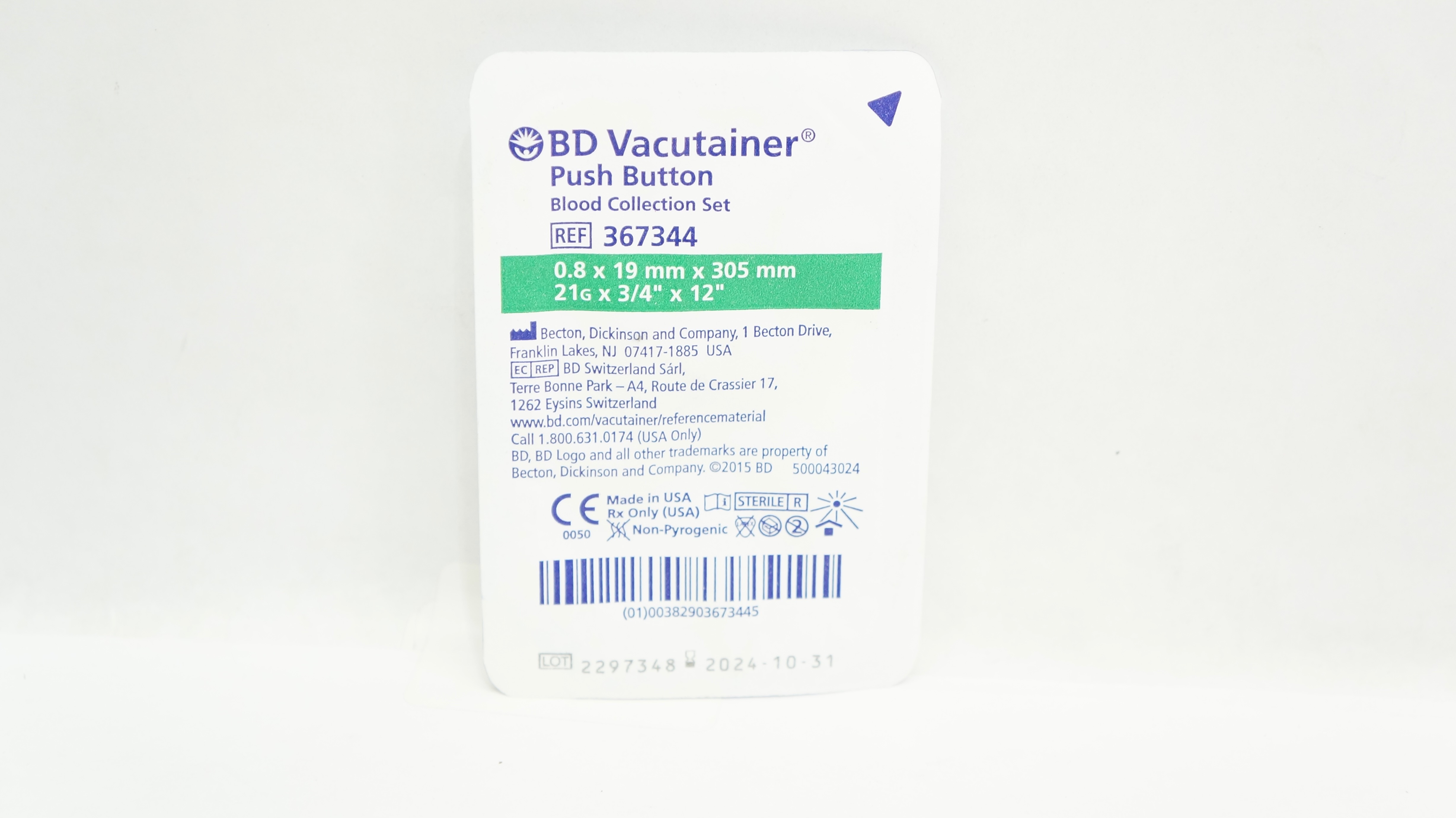BD 367344 Vacutainer Push Button Blood Collection Set 21G x 3/4inch x 12inch