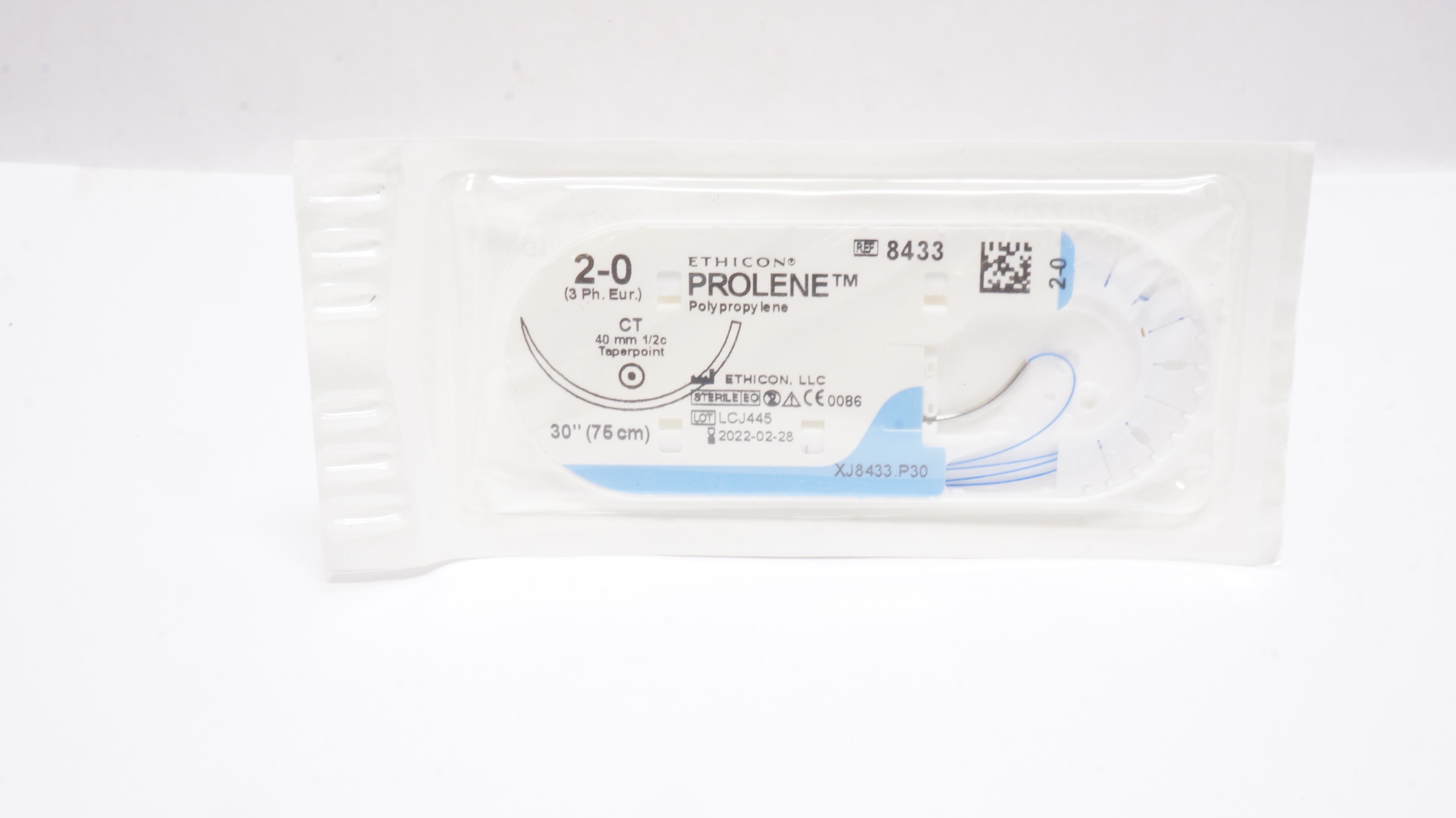 Ethicon 8433 2-0 PROLENE, CT 40mm 1/2c Taper, Blue Monofilament, 30inch