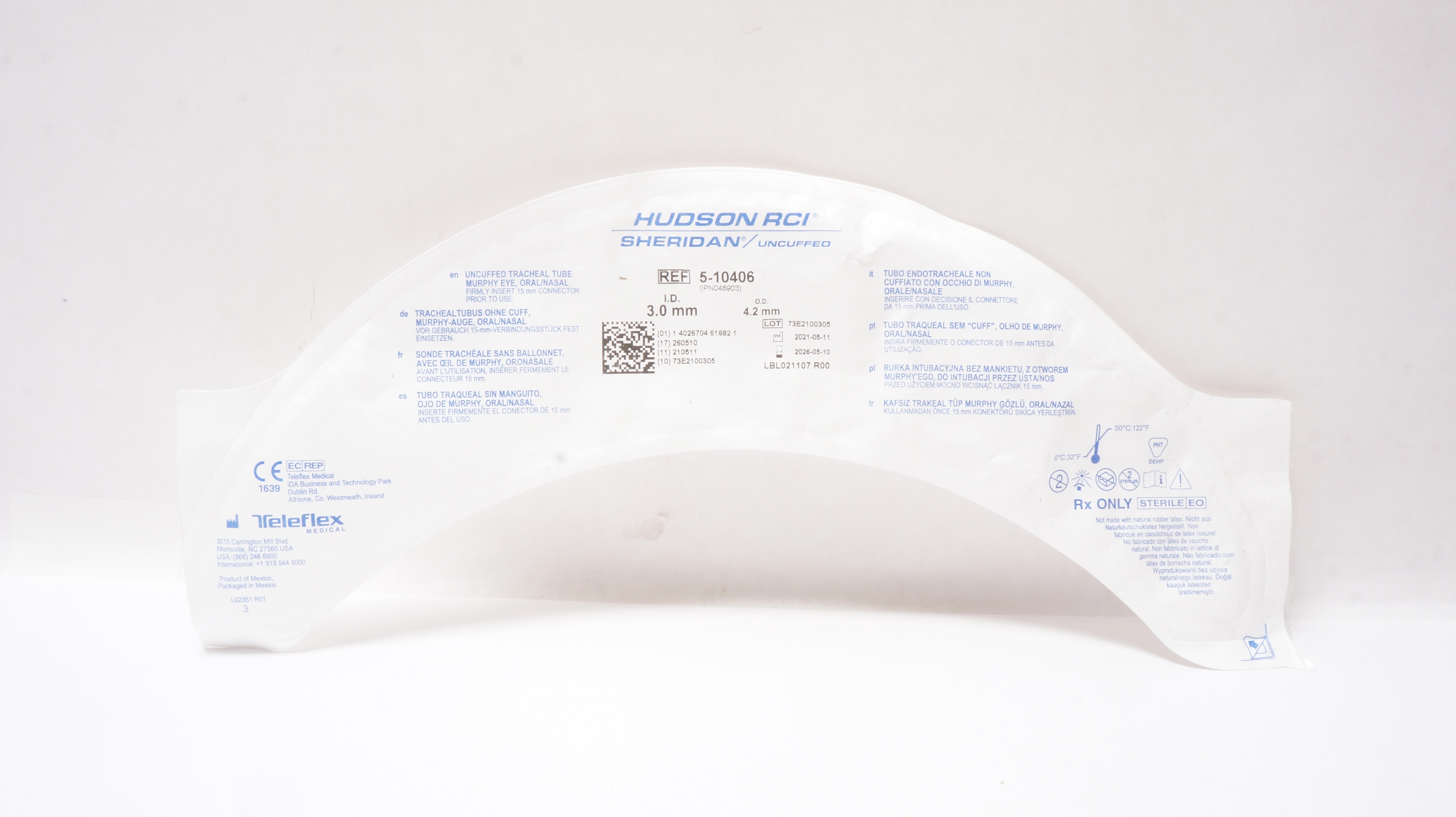 Teleflex 5-10406 Hudson RCI Uncuffed Tracheal Tube Murphy Eye 3.0mm x 4.2mm