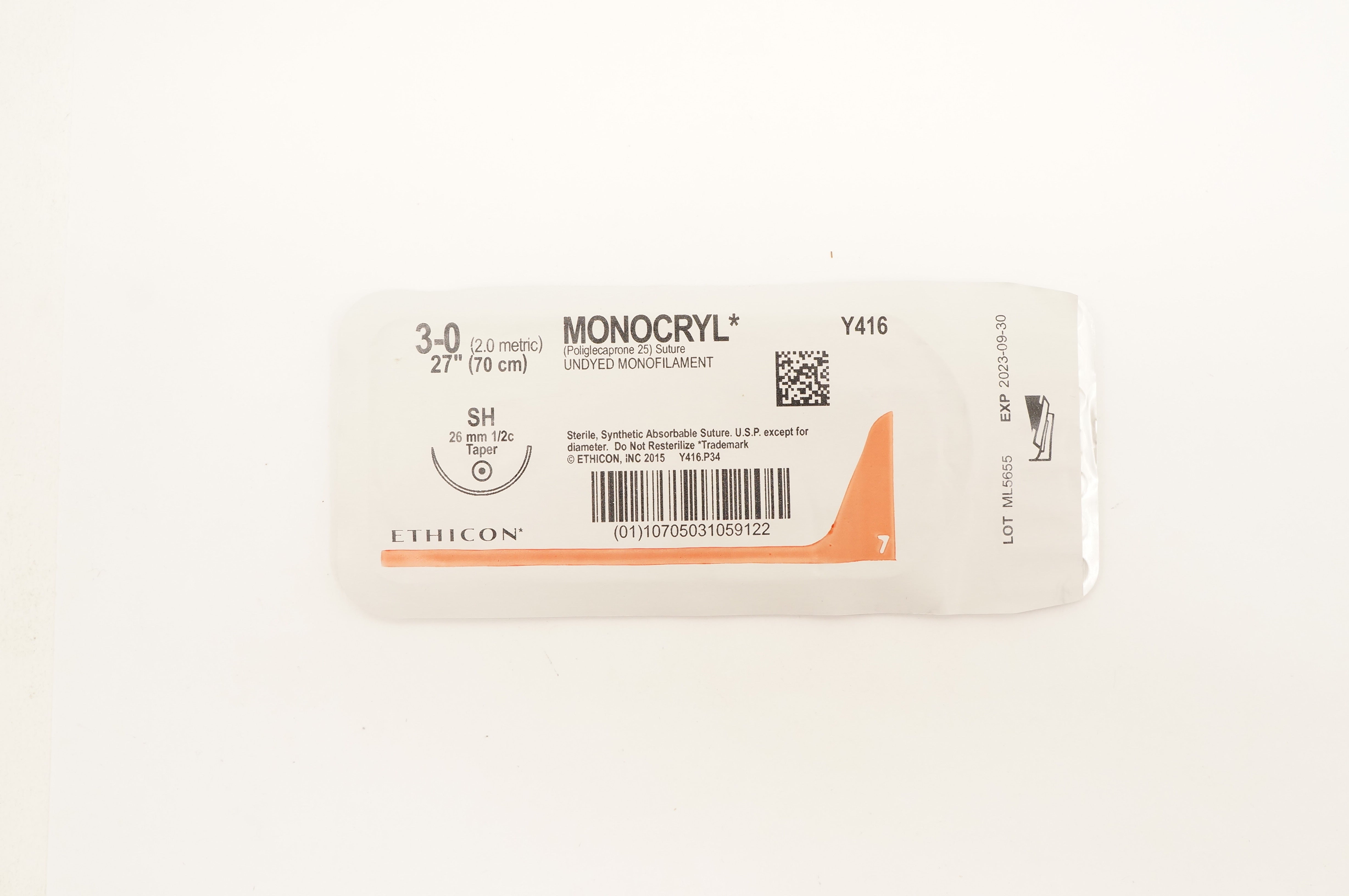 Ethicon Y416 3-0 Monocryl Poliglecaprone 25 Stre SH 26mm 1/2c Taper 27 inch