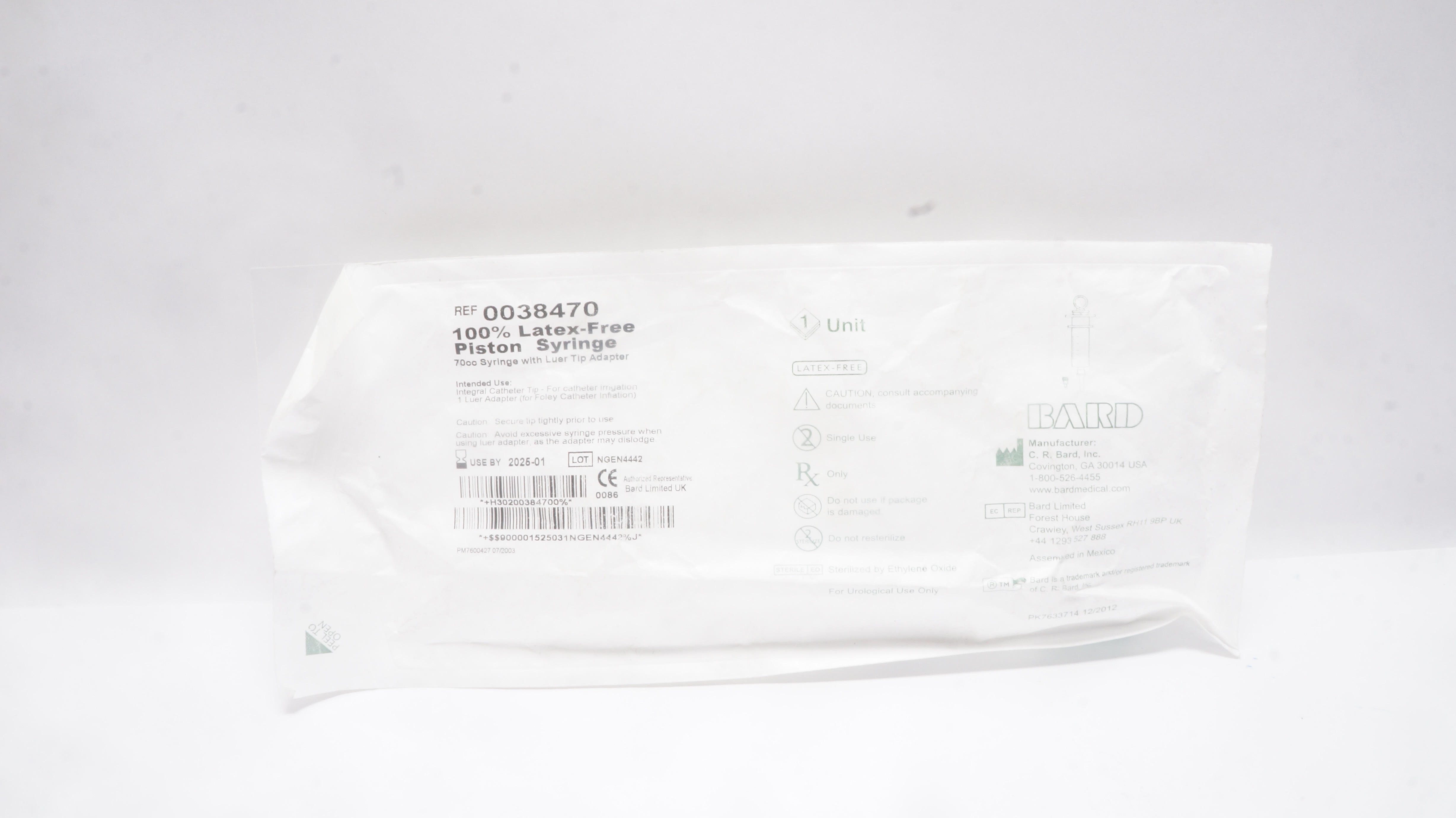 Bard 0038470 Piston Syringe 70cc With Luer Tip Adapter