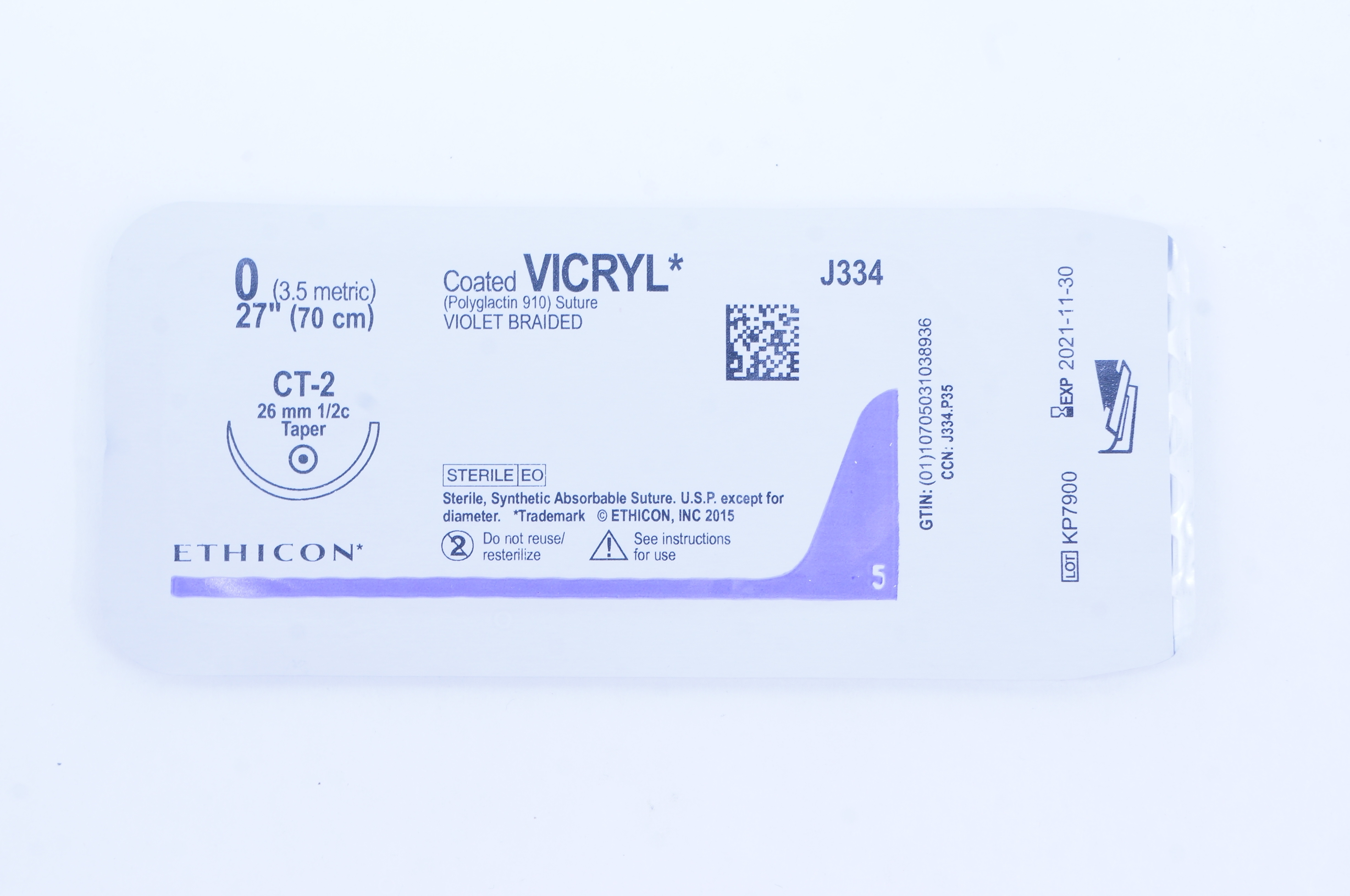 Ethicon J334 0 Coated VICRYL Stre, CT-2, 26mm 1/2c Taper, 27 inch (x)