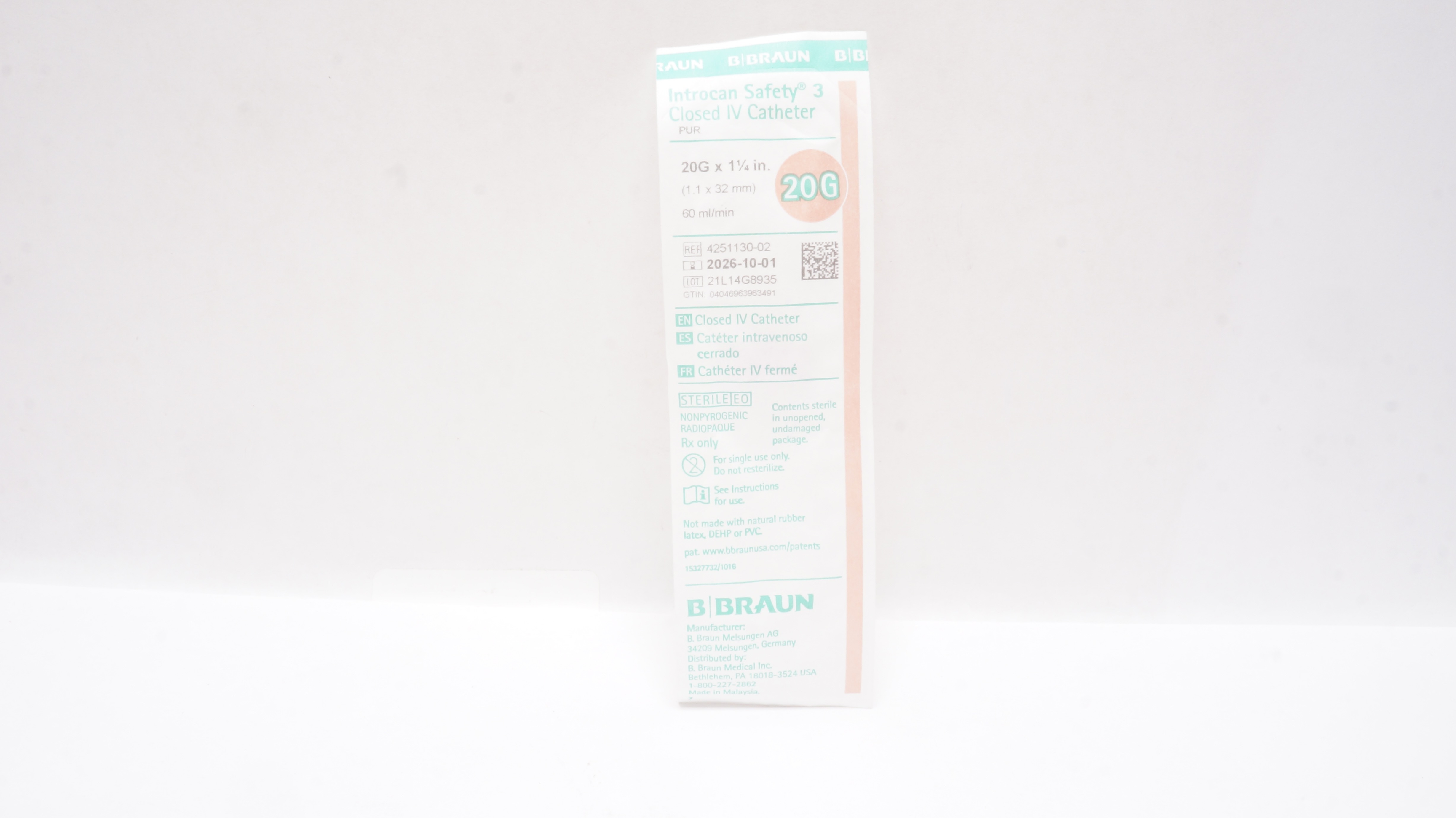 Braun 4251130-02 Introcan Safety 3 Closed IV Cath. Pur 20Ga. x 1 1/4In 60ml