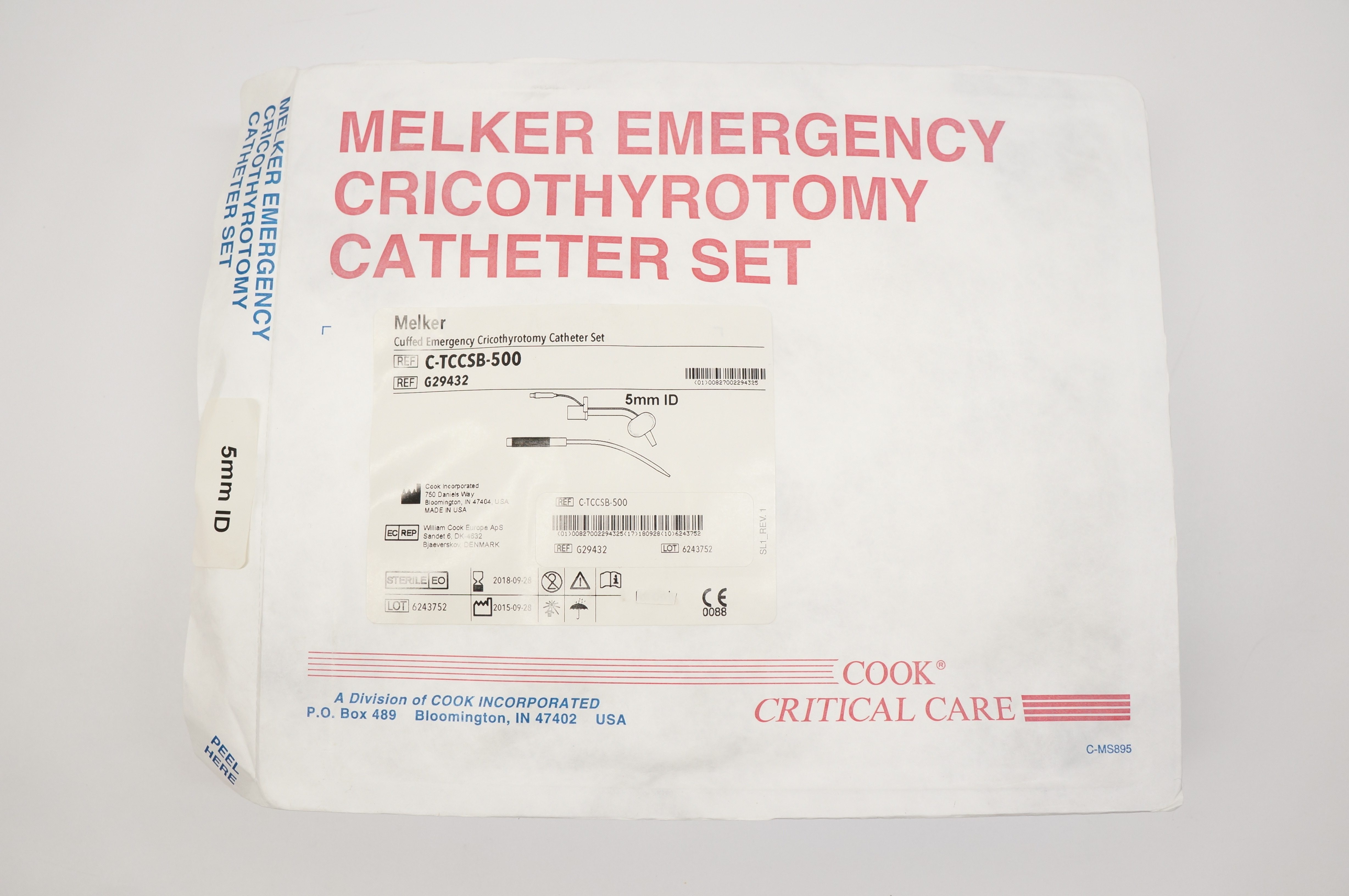 Double Set Up Cook Medical G29432 Melker Emergency Cricothyrotomy Cath. Set, 5 mm ID (x)
