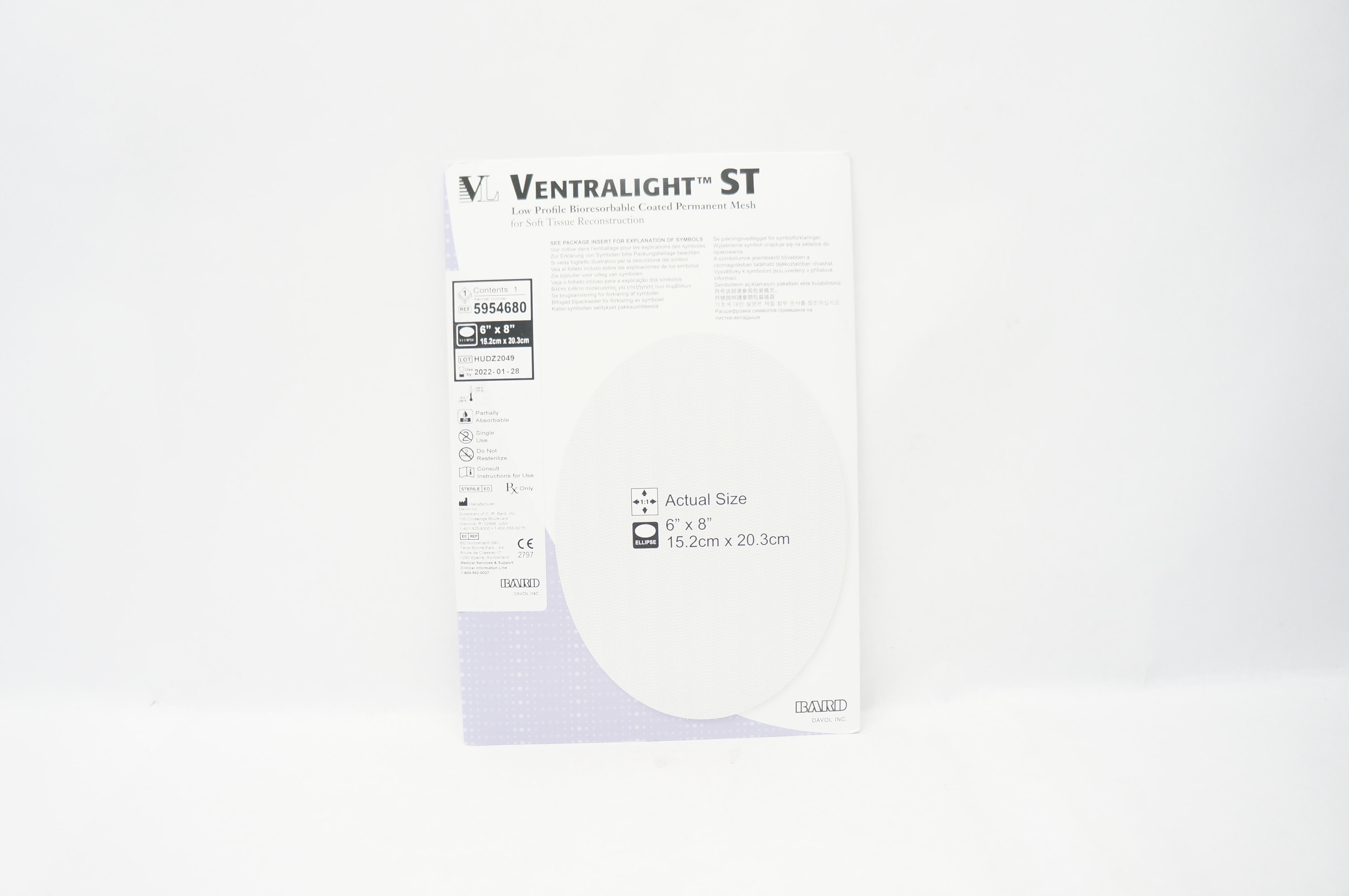 Bard 5954680 Ventralight ST Bioresorbable Coated Permanent Mesh 6 x 8 inch (x)