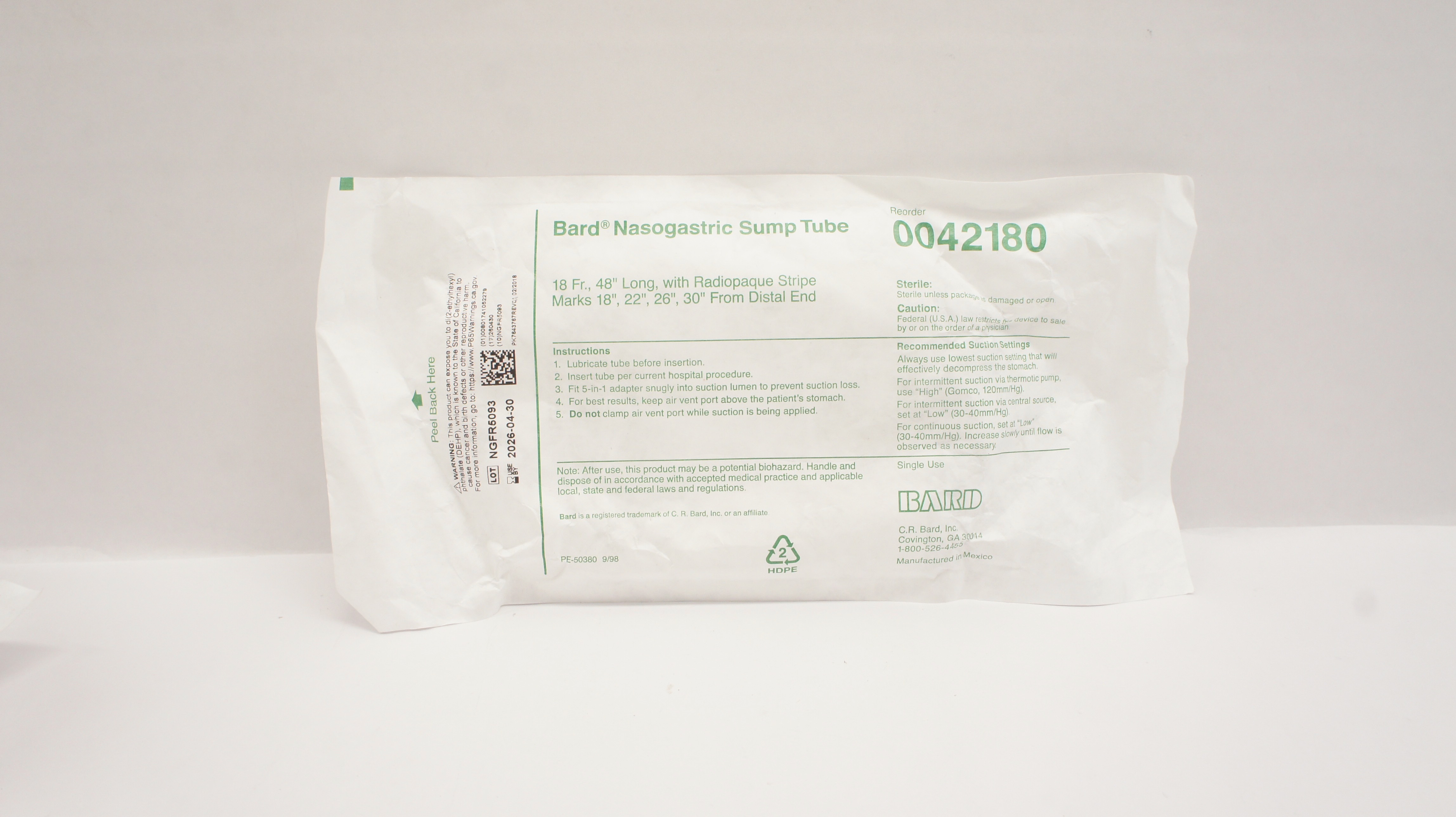 Bard 0042180 Nasogastric Sump Tube 18Fr. x 48Inch