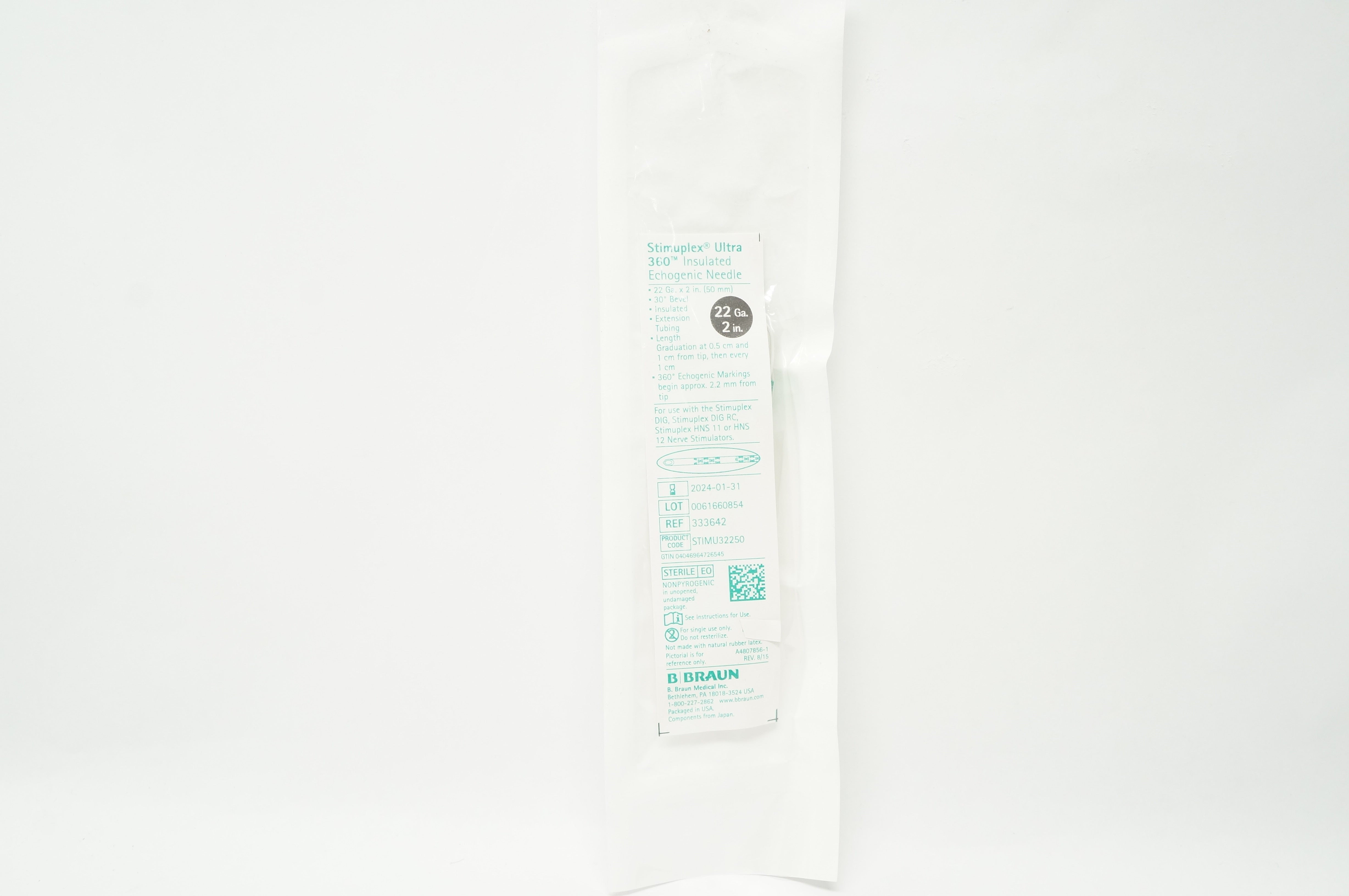 B. Braun 333642 Stimuplex Ultra 360 Insulated Echogenic Ndle 22 Ga. x 2inch