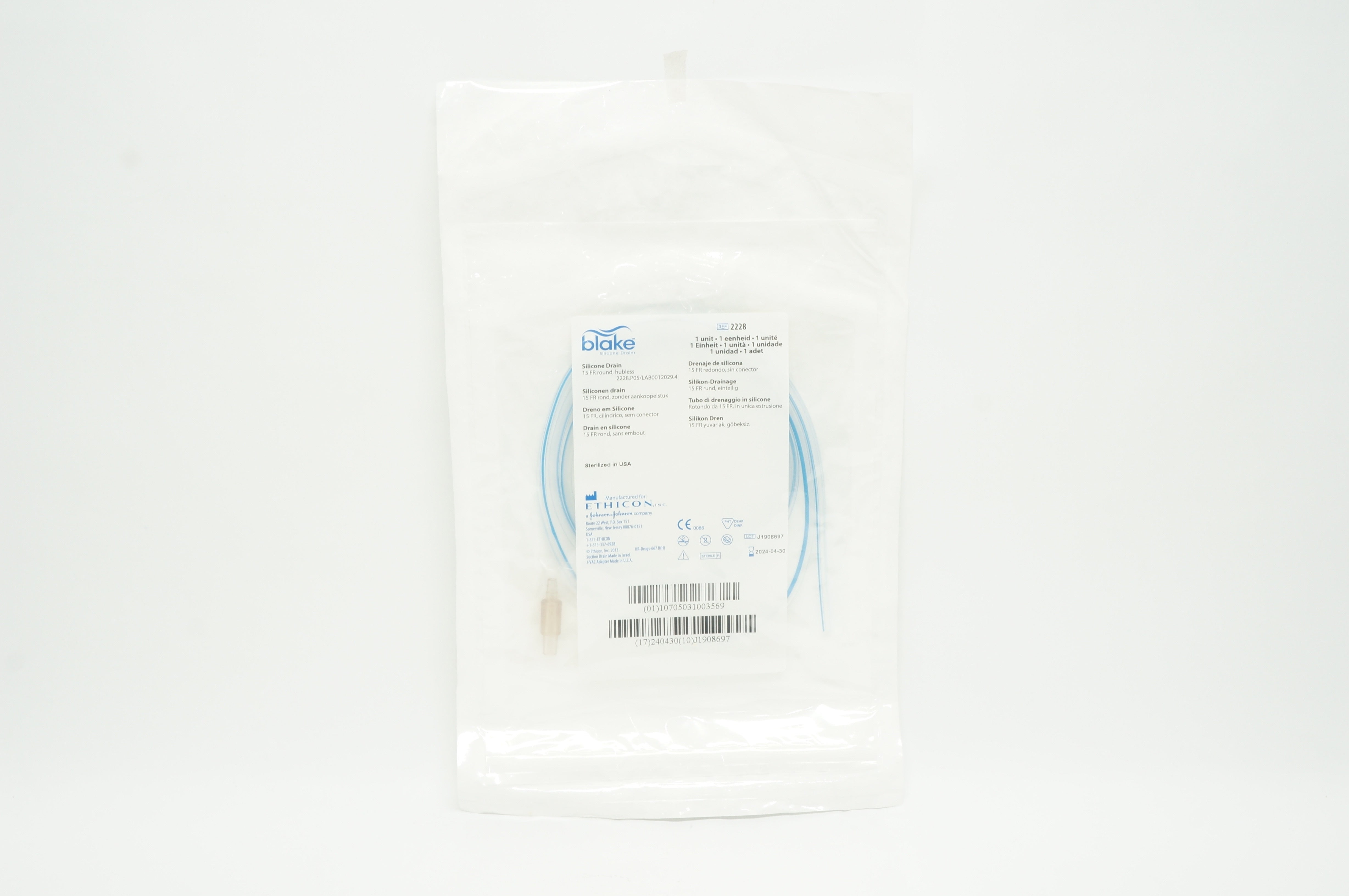Ethicon 2228 Blake Silicone Drain 15 FR Roud, Hubless
