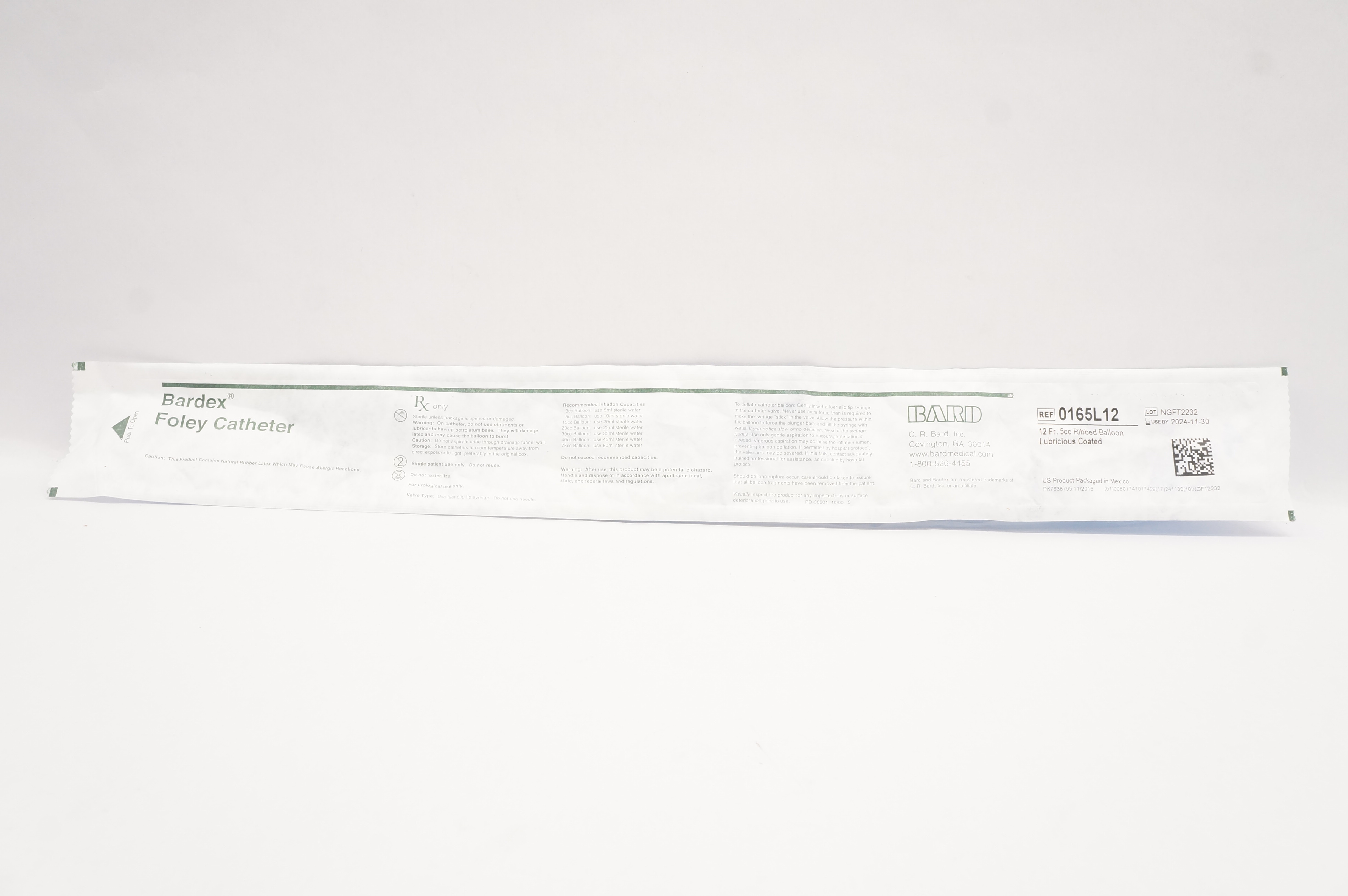 Bard 0165L12 Bardex Foley Cath. Ribbed Balloon Lubricious Coated 12Fr x 5cc