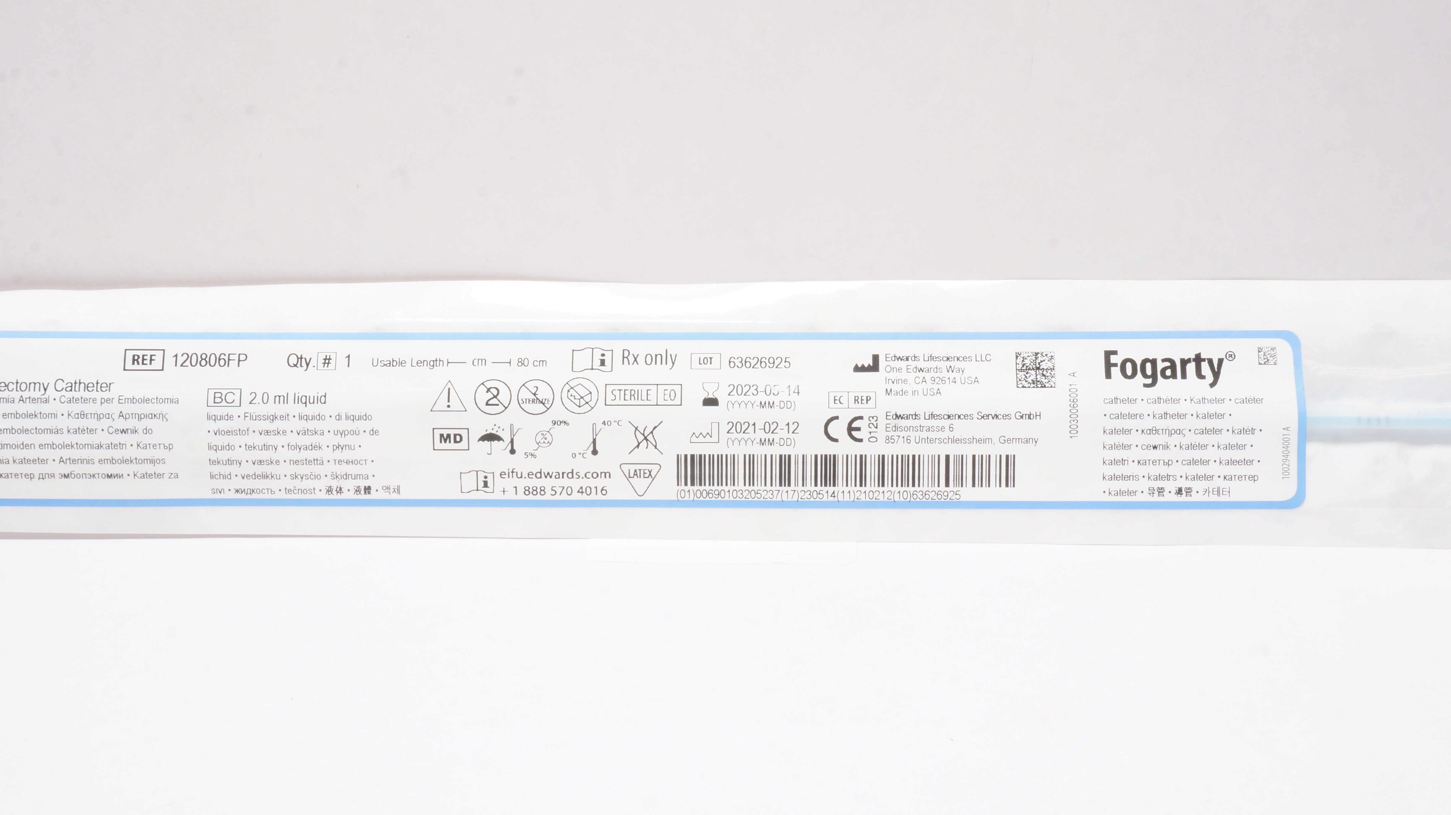 Edwards Lifesciences 120806FP Fogarty Arterial Embolectomy Cath. 6F x 80cm (x)