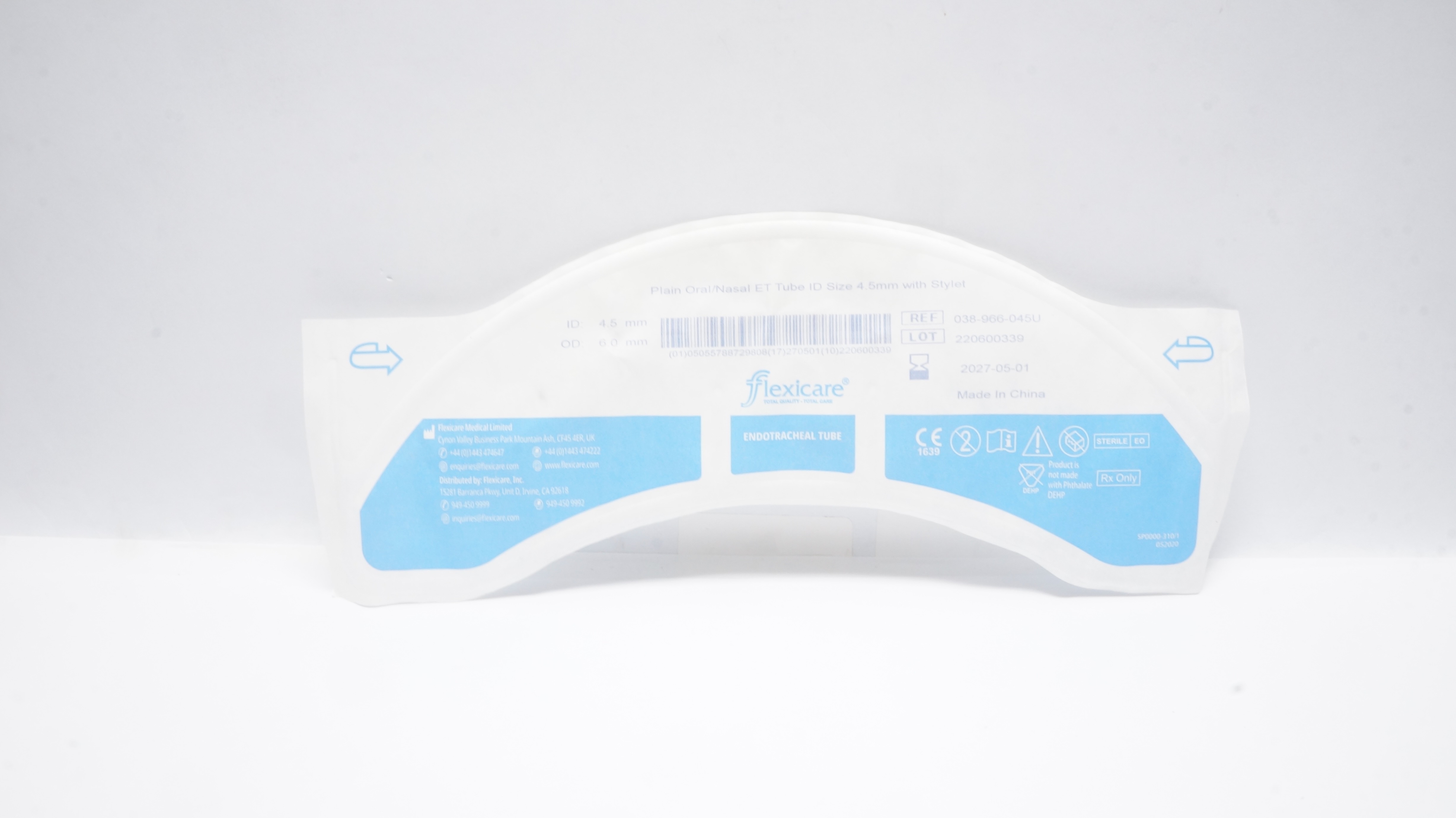 Flexicare Medical 038-966-045U Plain Oral/Nasal ET Tube 4.5mmID x 6.0mmOD
