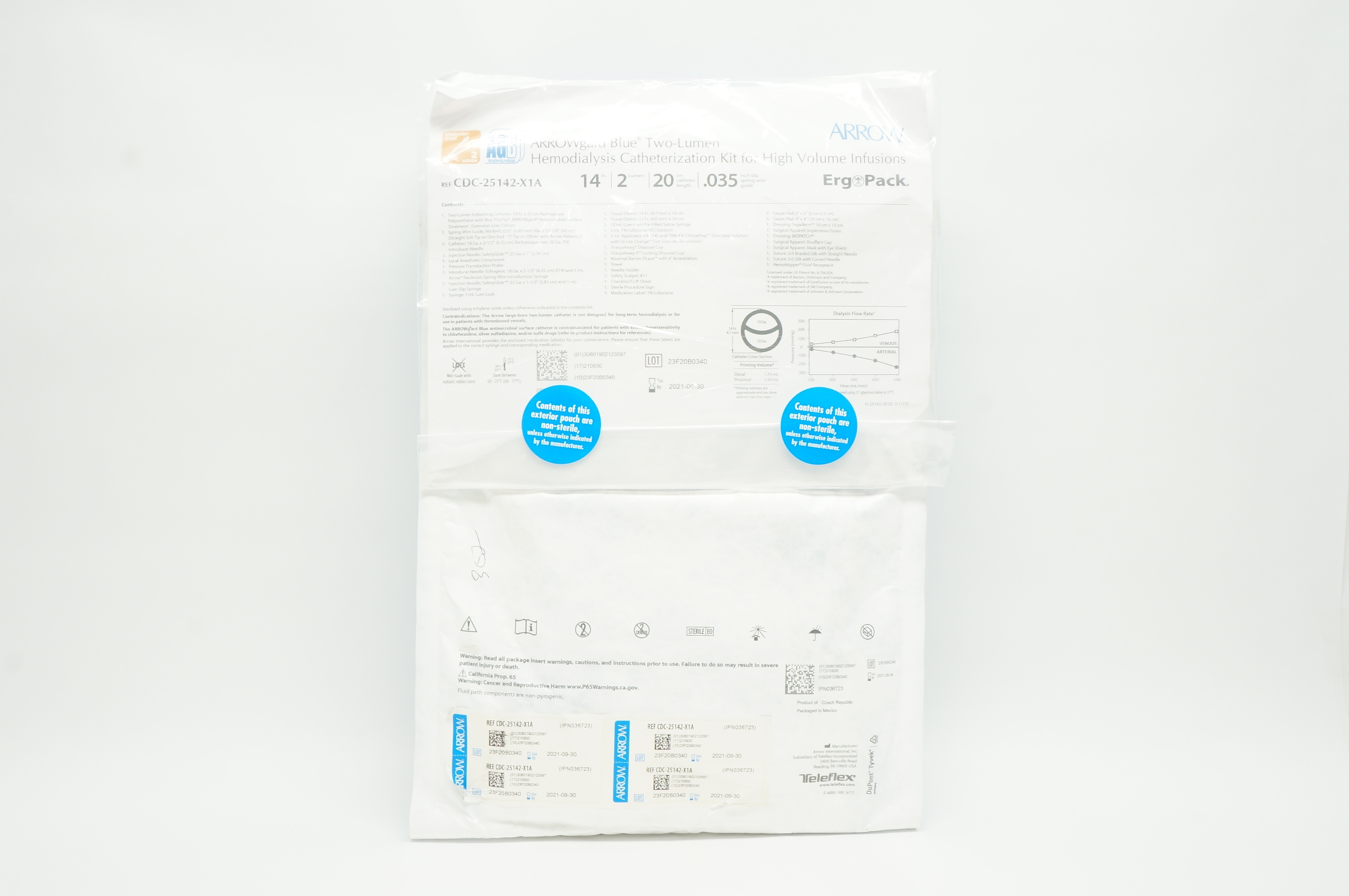 Arrow CDC-25142-X1A Two-Lumen Hemodialysis Cath. Kit 14Fr x 20cm