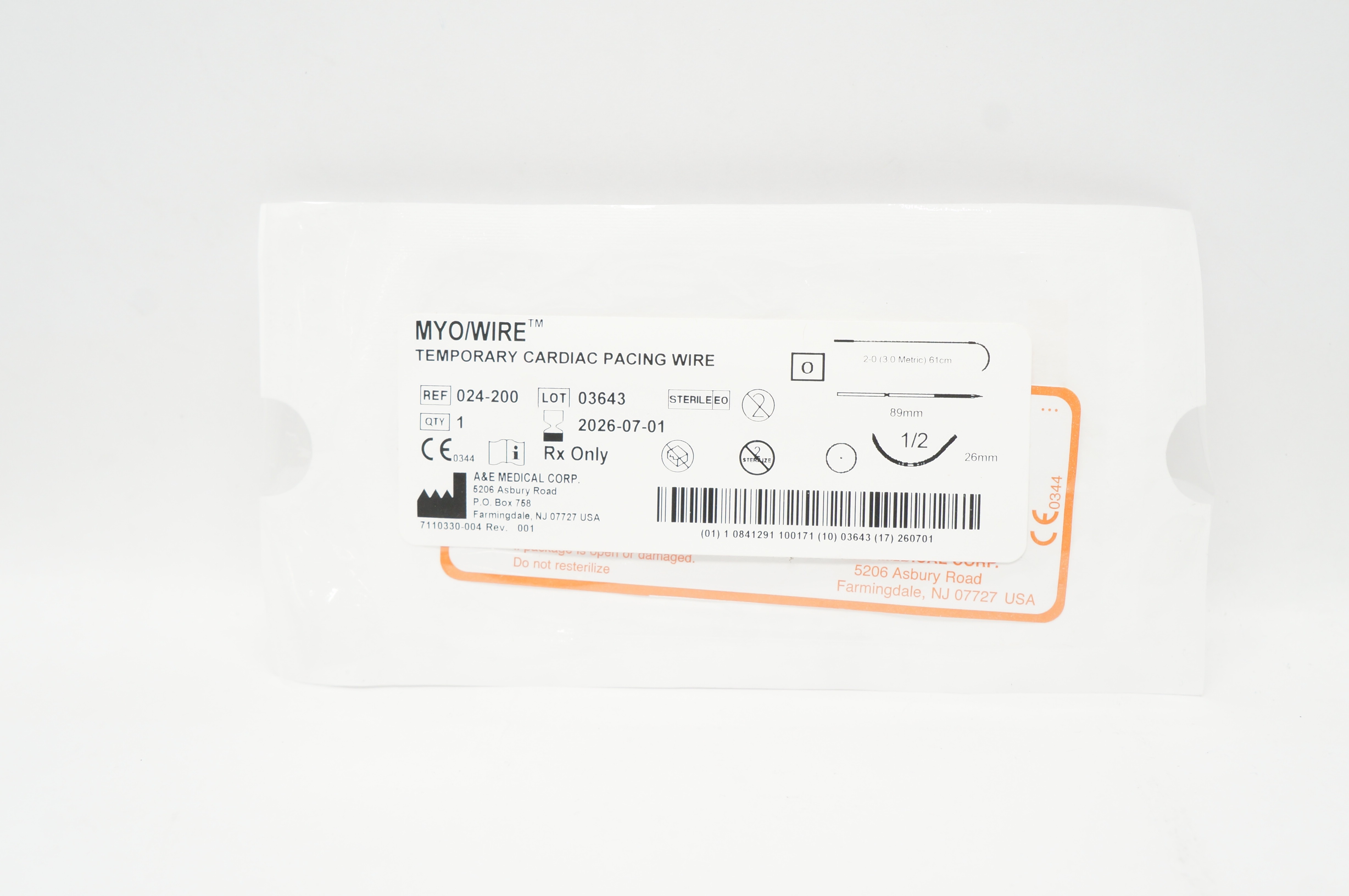 Cardiac Wire Rigalo A&E Medical 024-200 2.0 Myo/Wire Temporary Cardiac Pacing Wire 1/2 26 x ...