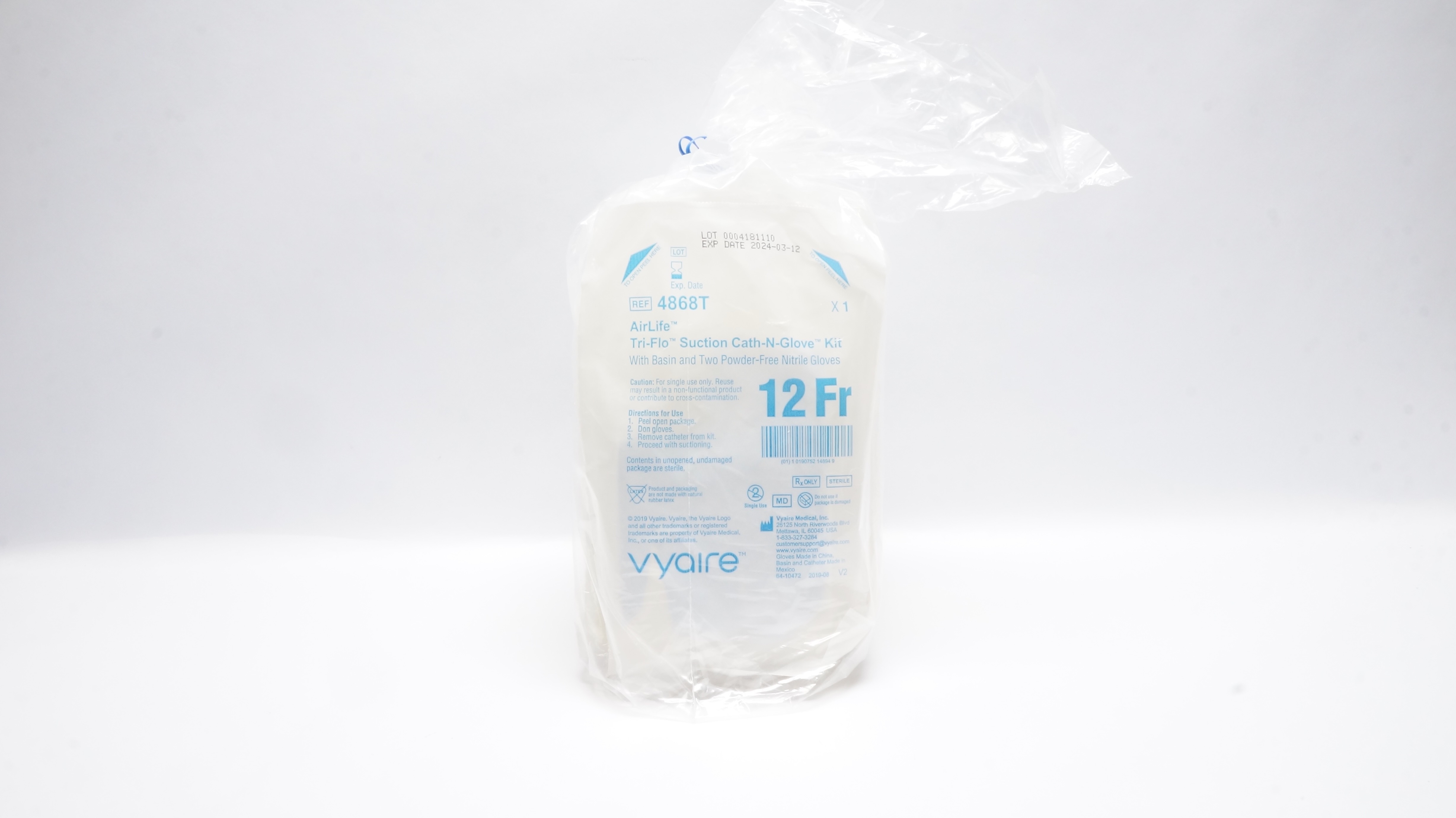 Vyaire 4868T AirLife Tri-Life Tri-Flo Suction Cath-N-Glove Kit 12Fr(x)-Lot of 10