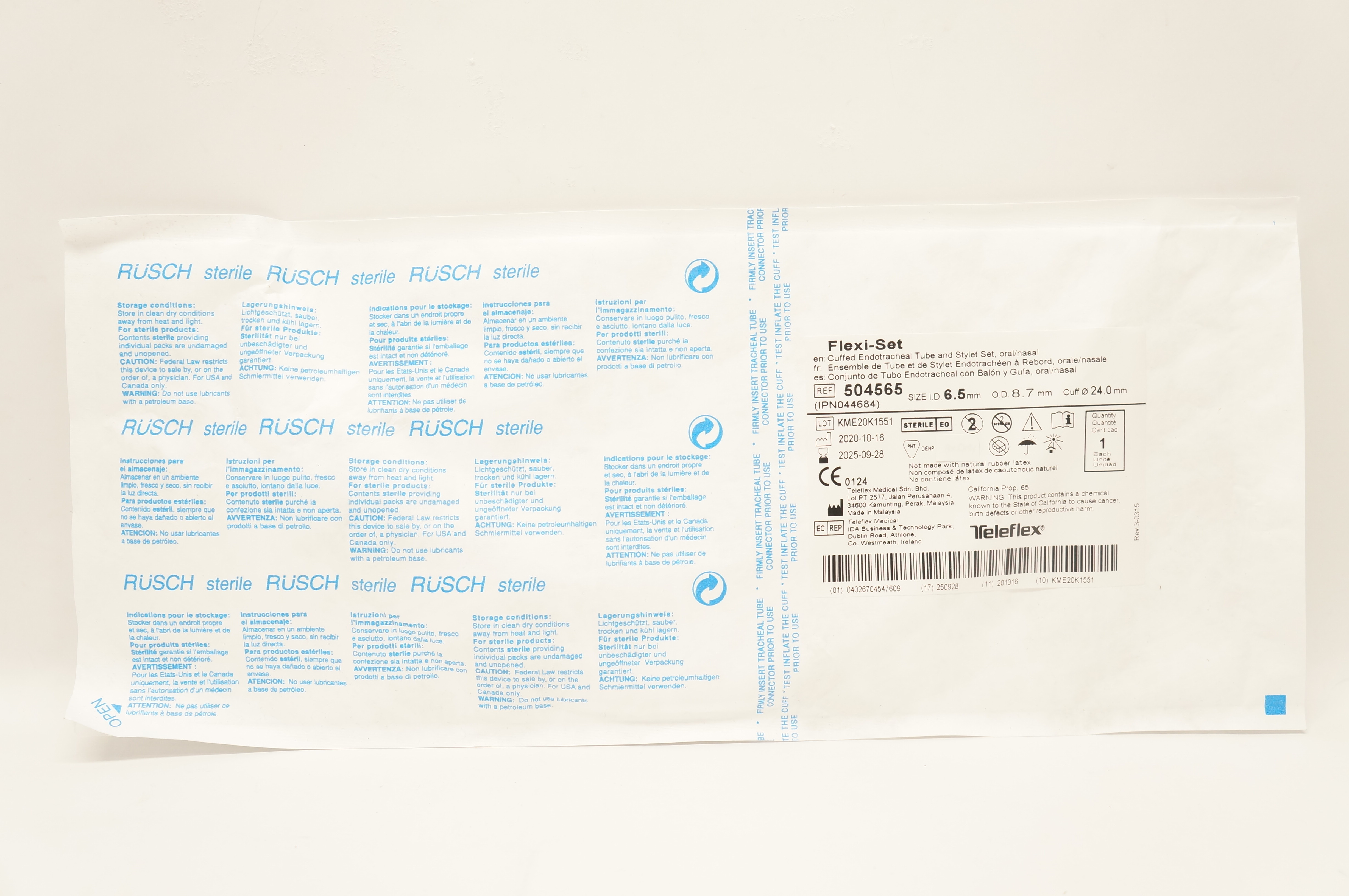 Teleflex 504565 Cuffed Endotracheal Tube Stylet Set 6.5 x 8.7 x 24mm