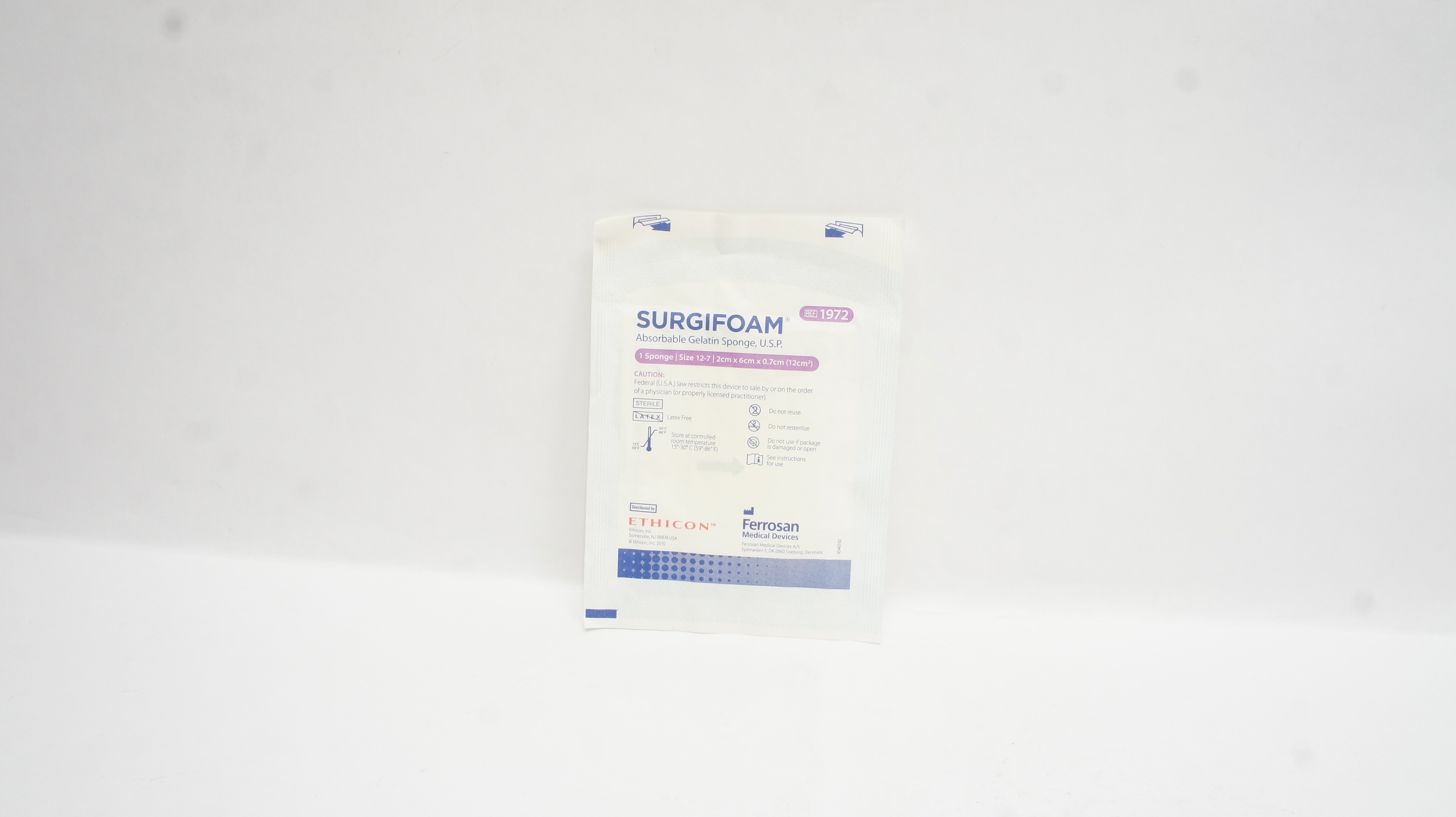 Ethicon 1972 SURGIFOAM Absorbable Gelatin Sponge USP Size 12-7, 2 x 6 x 0.7cm(x)