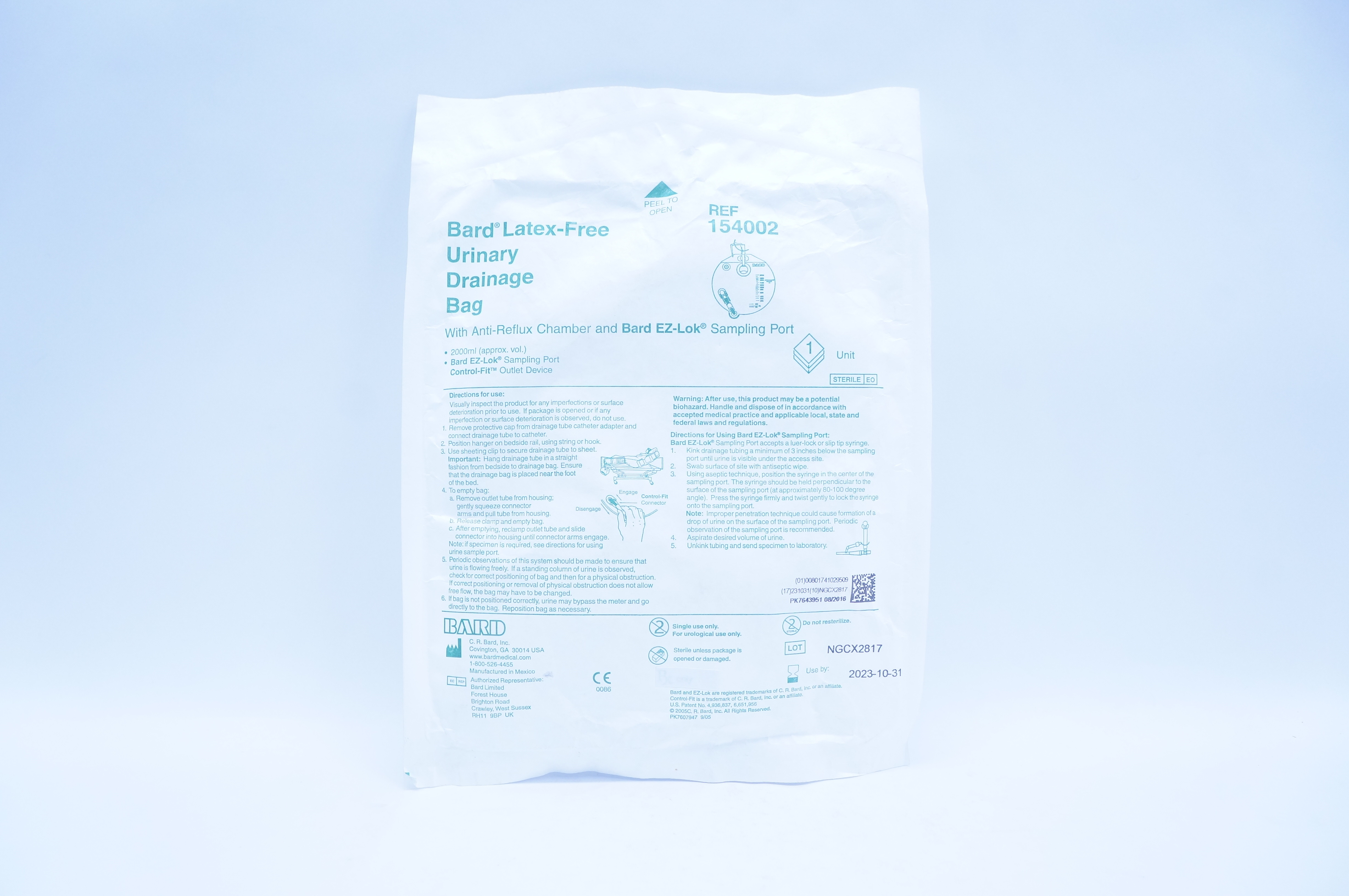 Bard 154002 Urinary Drainage Bag with Anti-Reflux Chamber & Sampling