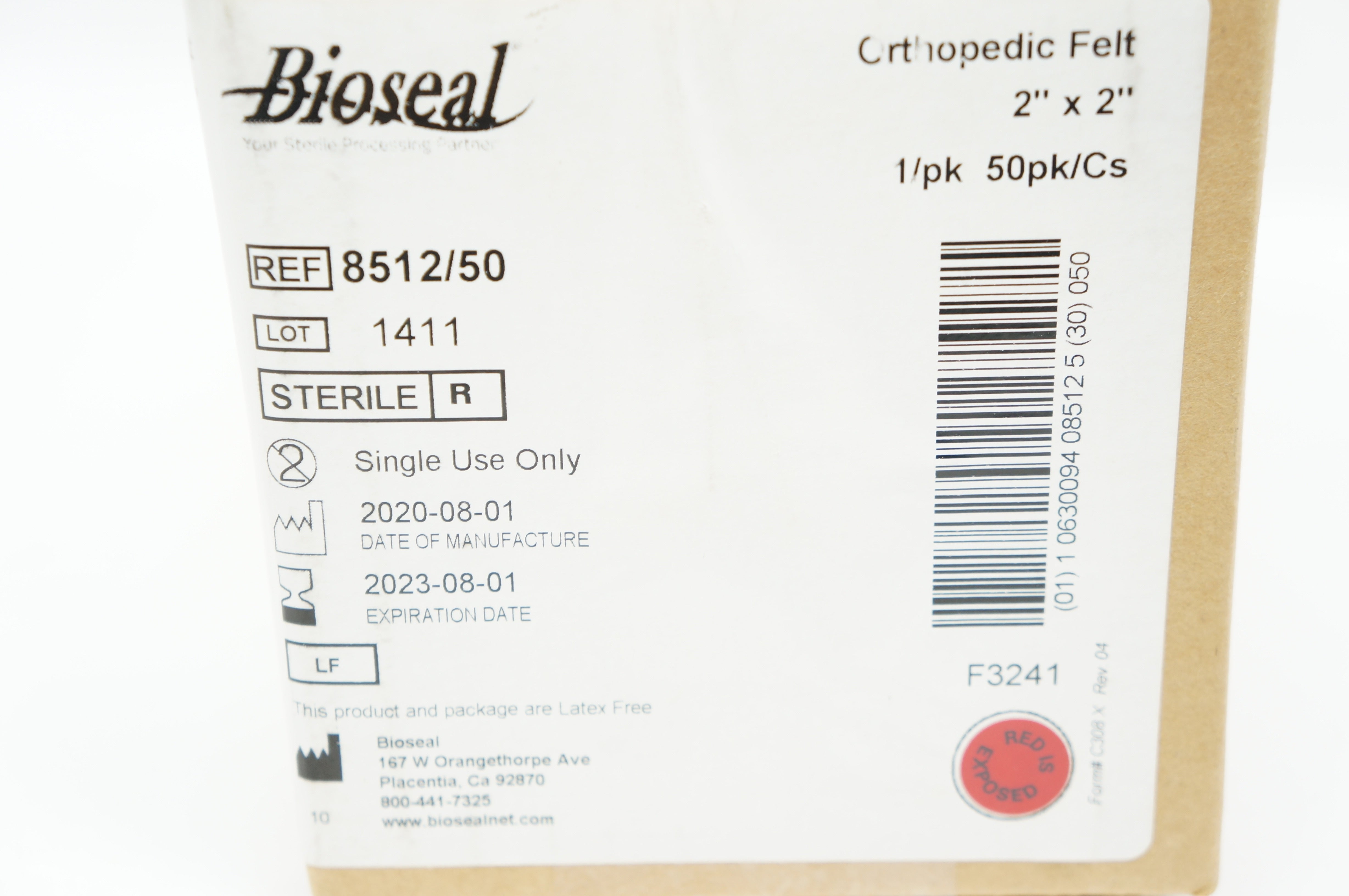 Bioseal 8512/50 Orthopedic Felt 2inch x 2inch Case of 50