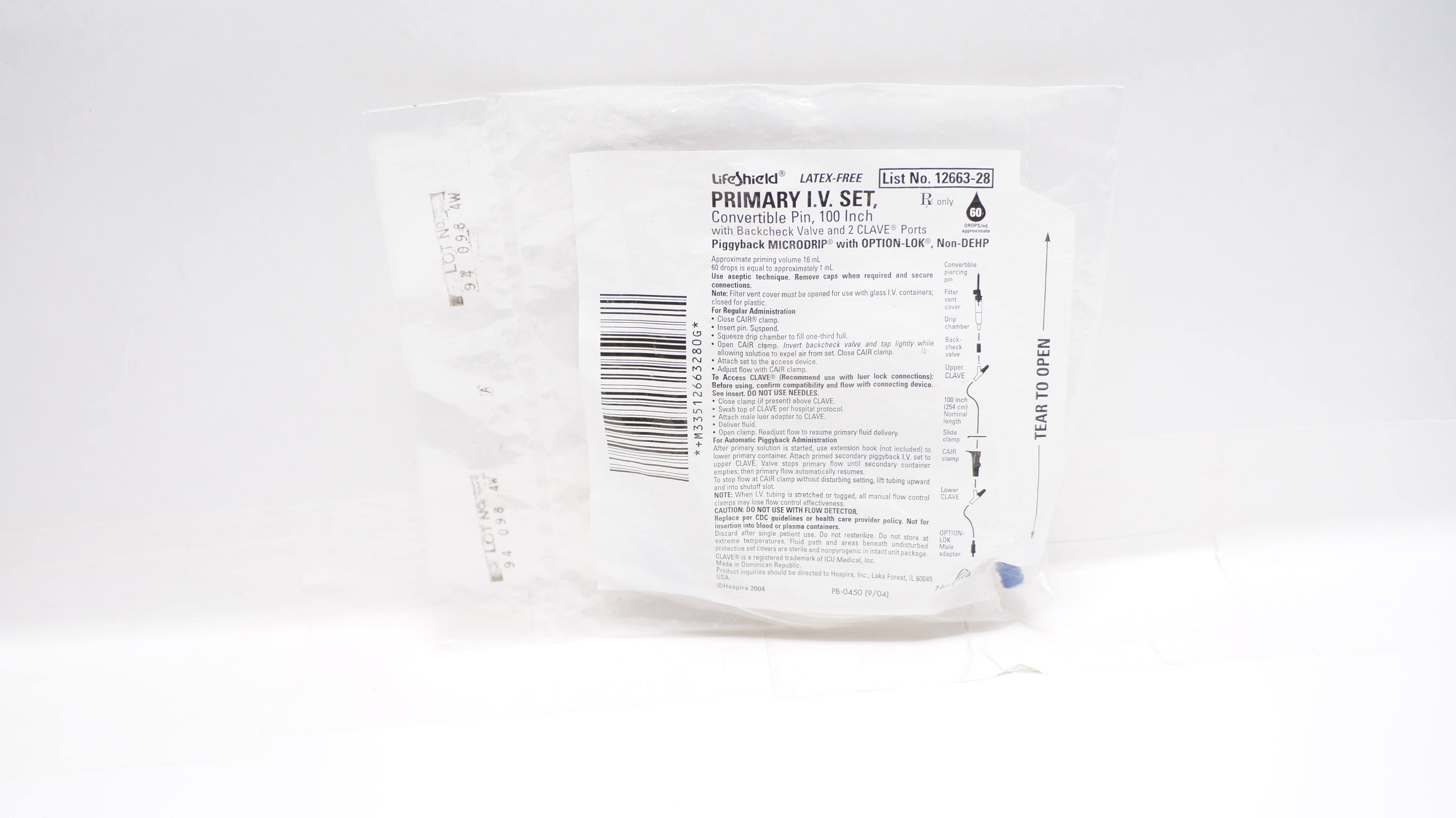 Hospira 12663-28 LifeShield Primary I.V. Set Convertible Pin, 100inch 60Drosp/mL