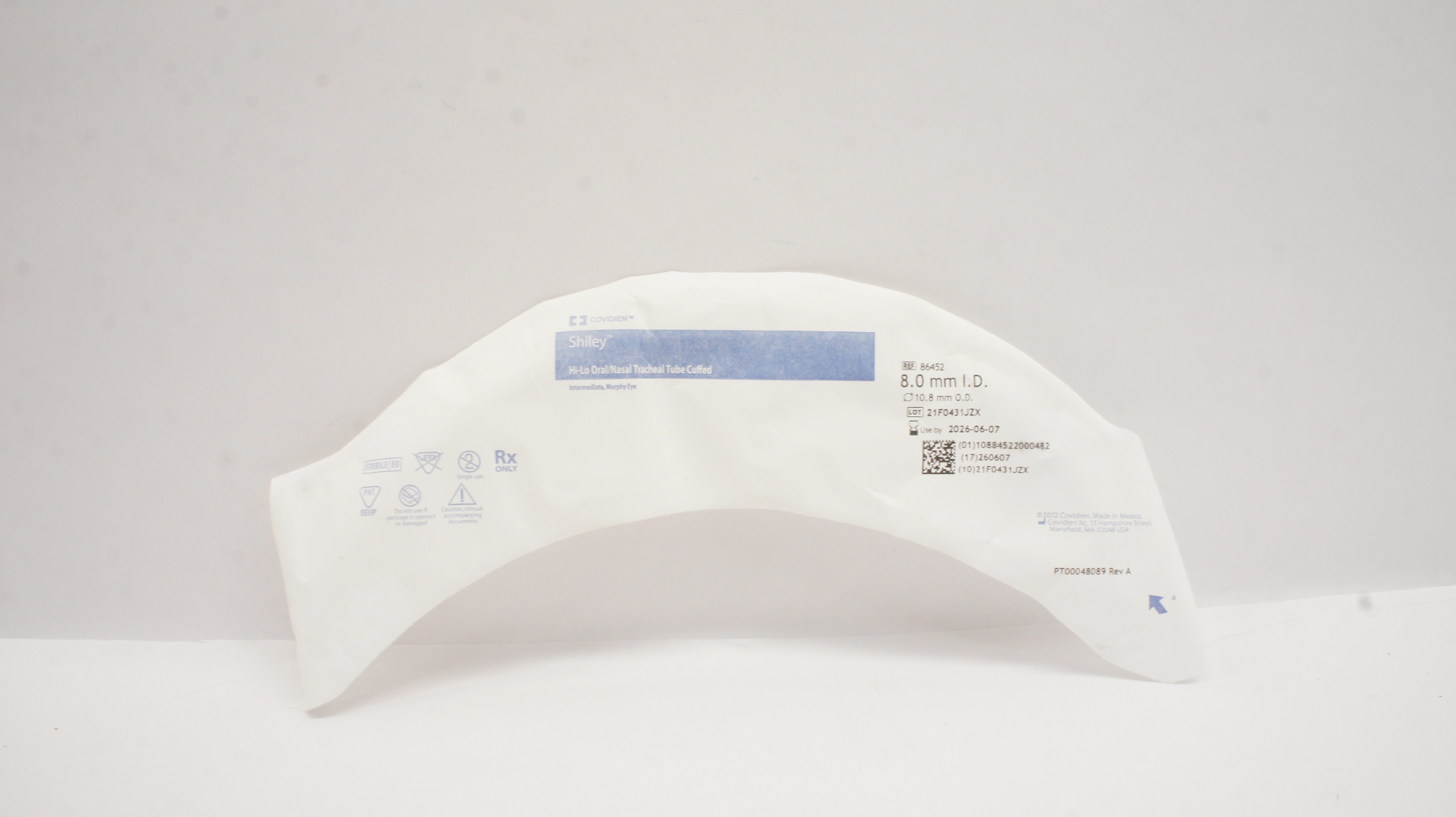 Covidien 86452 Shiley Hi-Lo Oral/Nasal Tracheal Tube Cuffed 8.0 x 10.8mm