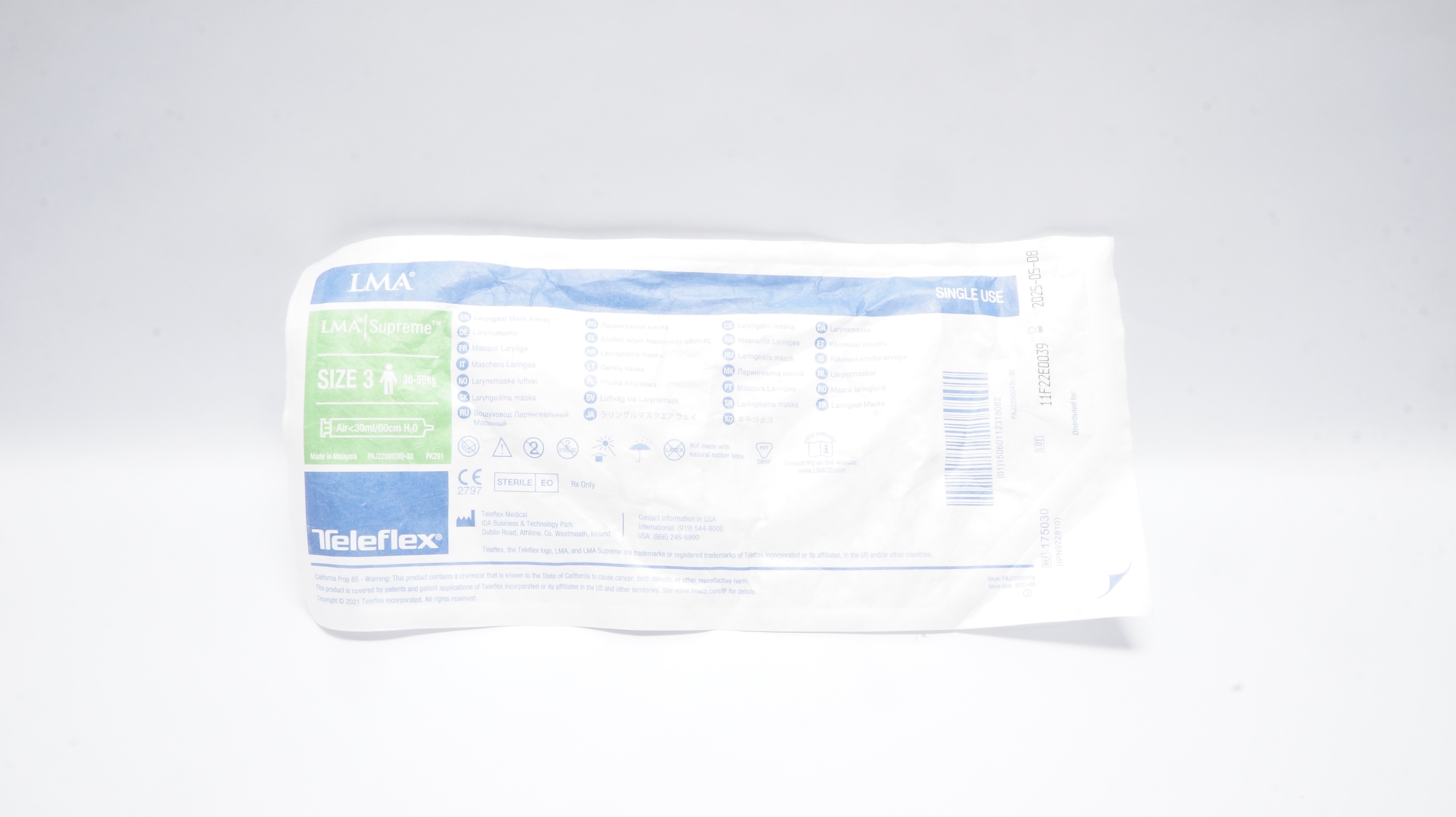 Teleflex 175030 LMA Supreme Laryngeal Mask Airway Size 3 30-50kg <30mL/60cm H2O