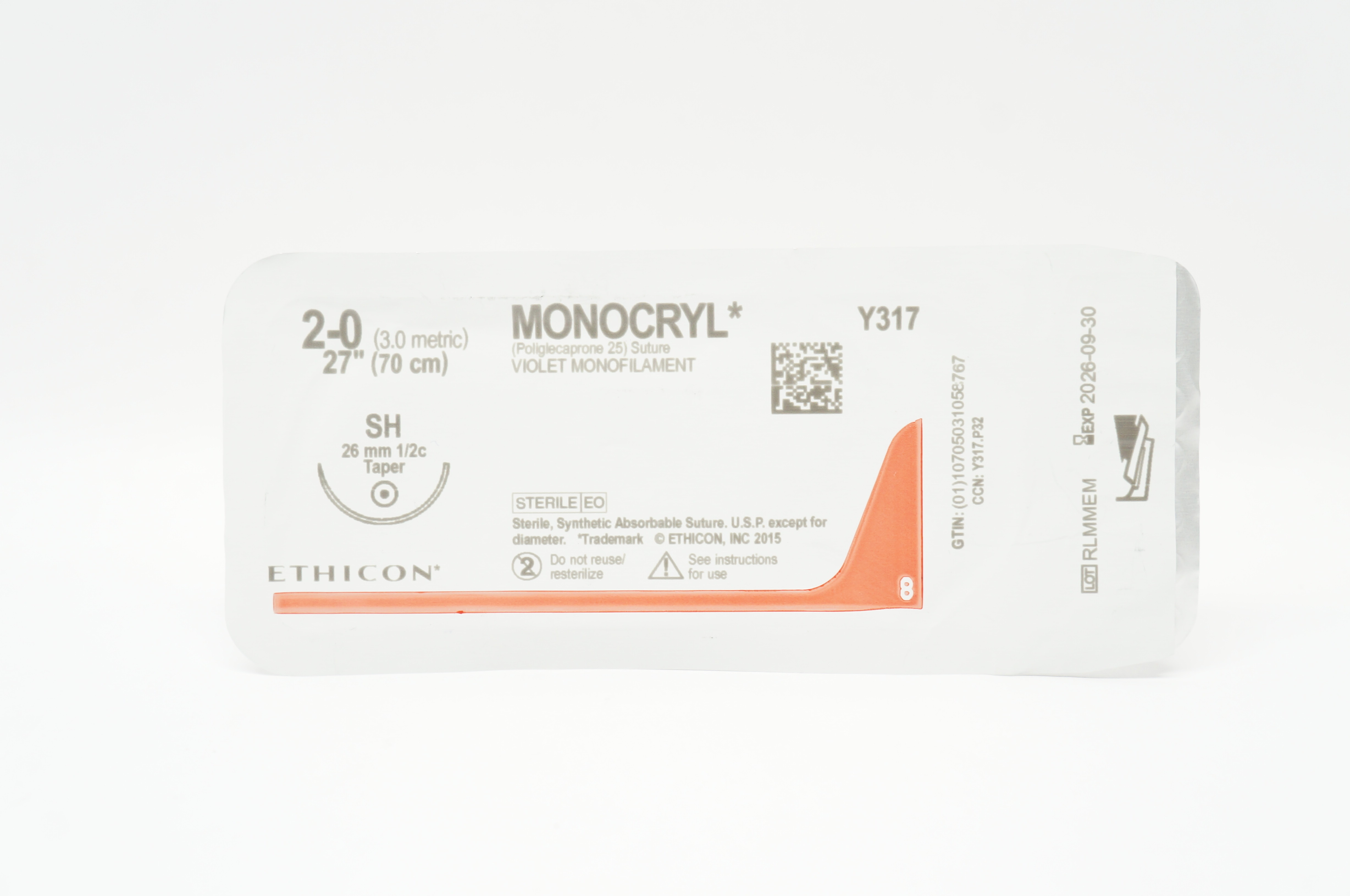 Ethicon Y317 2-0 MONOCRYL SH 26mm 1/2c Taper 27inch