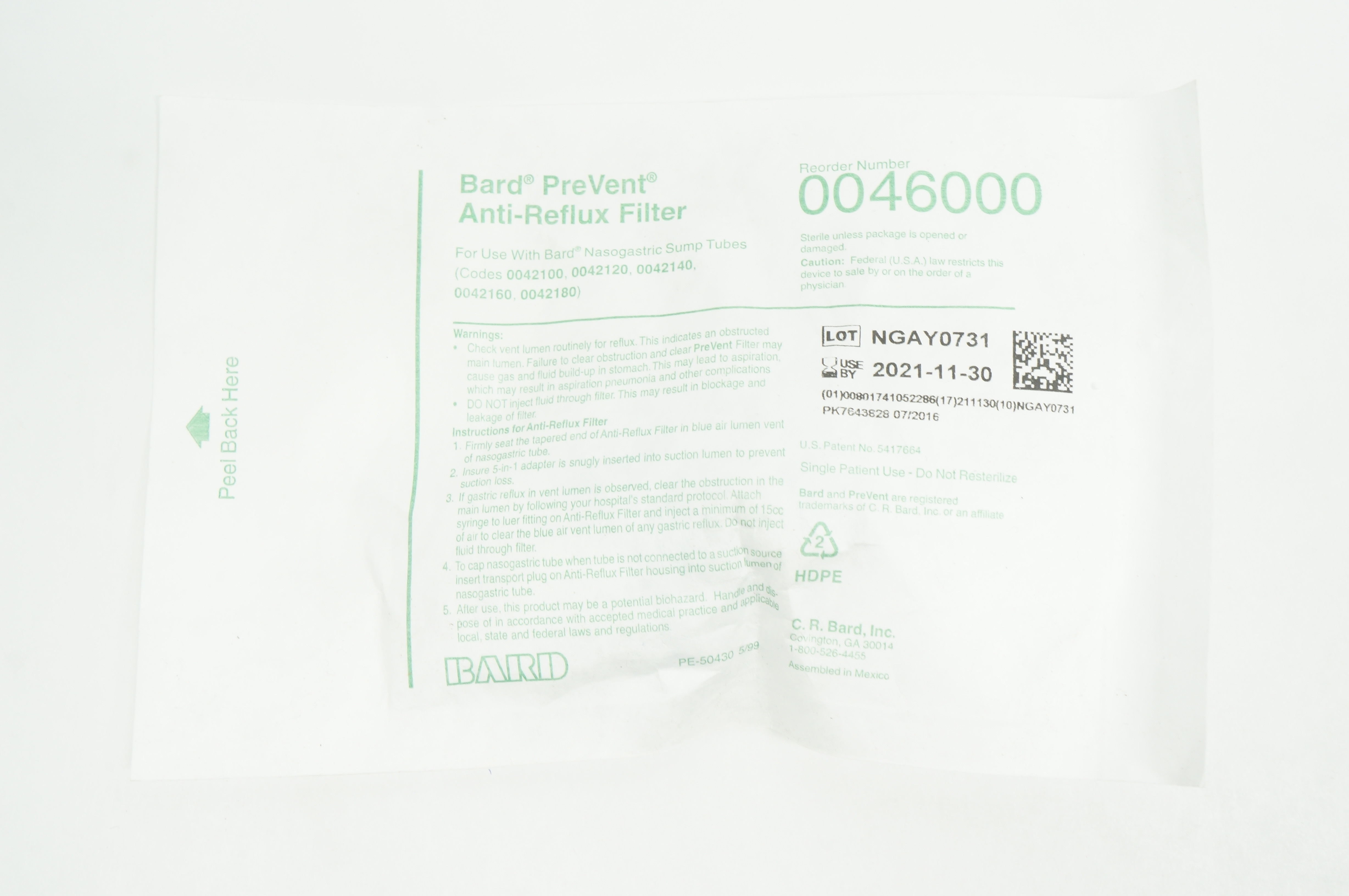 Bard 0046000 PreVent Anti-Reflux Filter