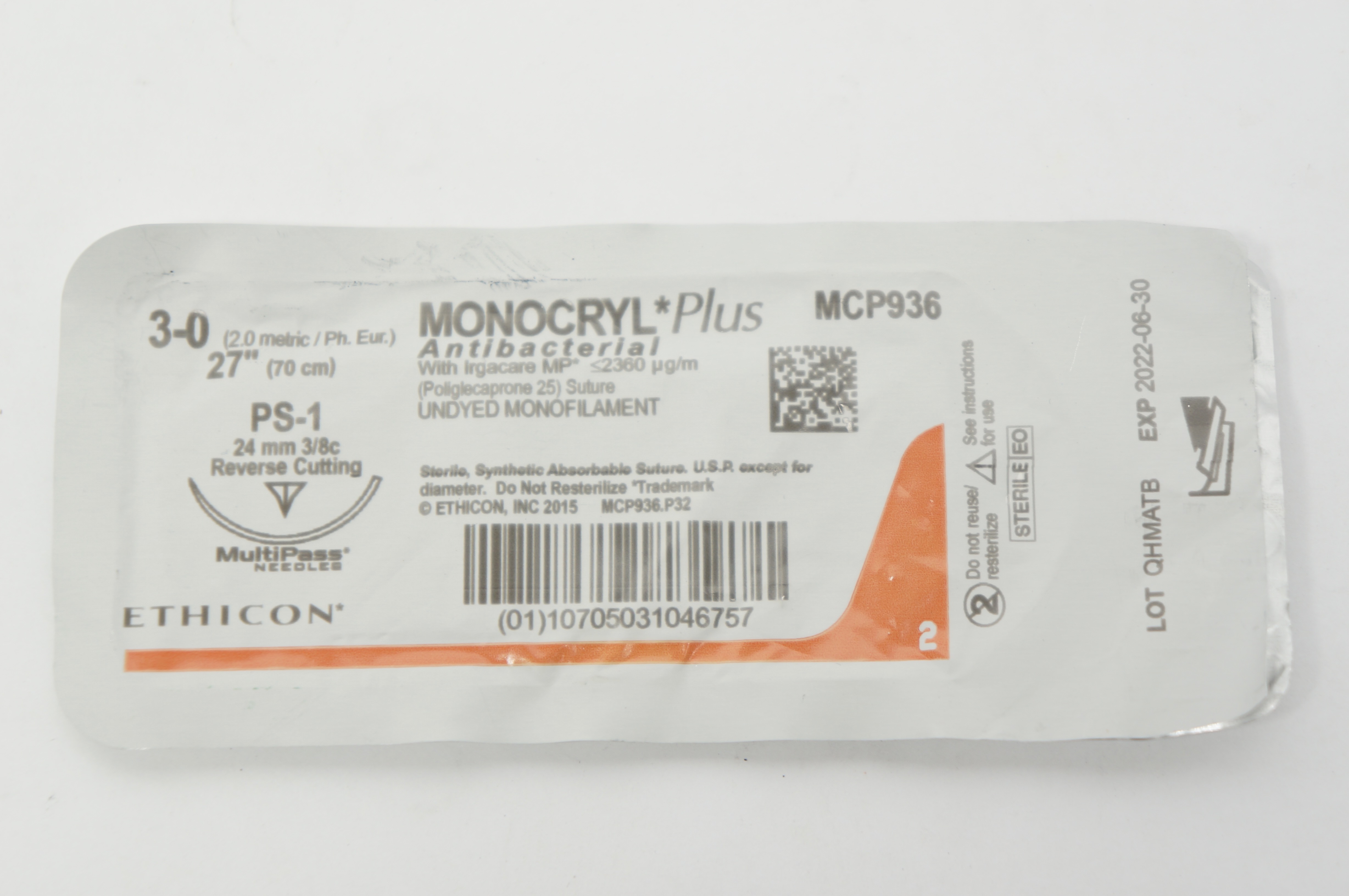 Ethicon MCP936 3-0 Monocryl Plus Stre PS-1 24mm 3/8c Reverse Cutting 27inch (x)