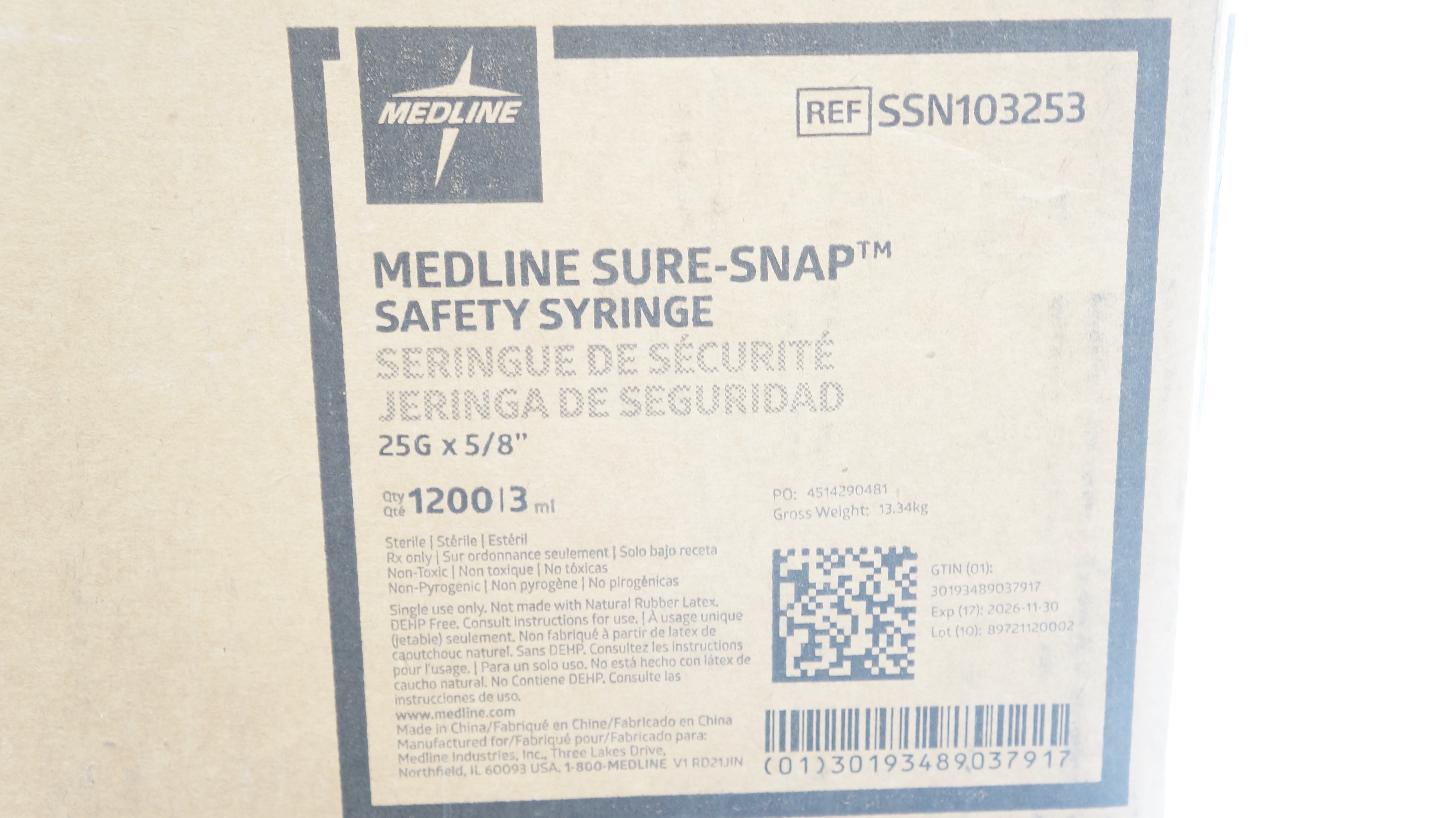 Medline SSN103253 Sure-Snap Safety Syringe 3ml 25G x 5/8inch - Case of 1200