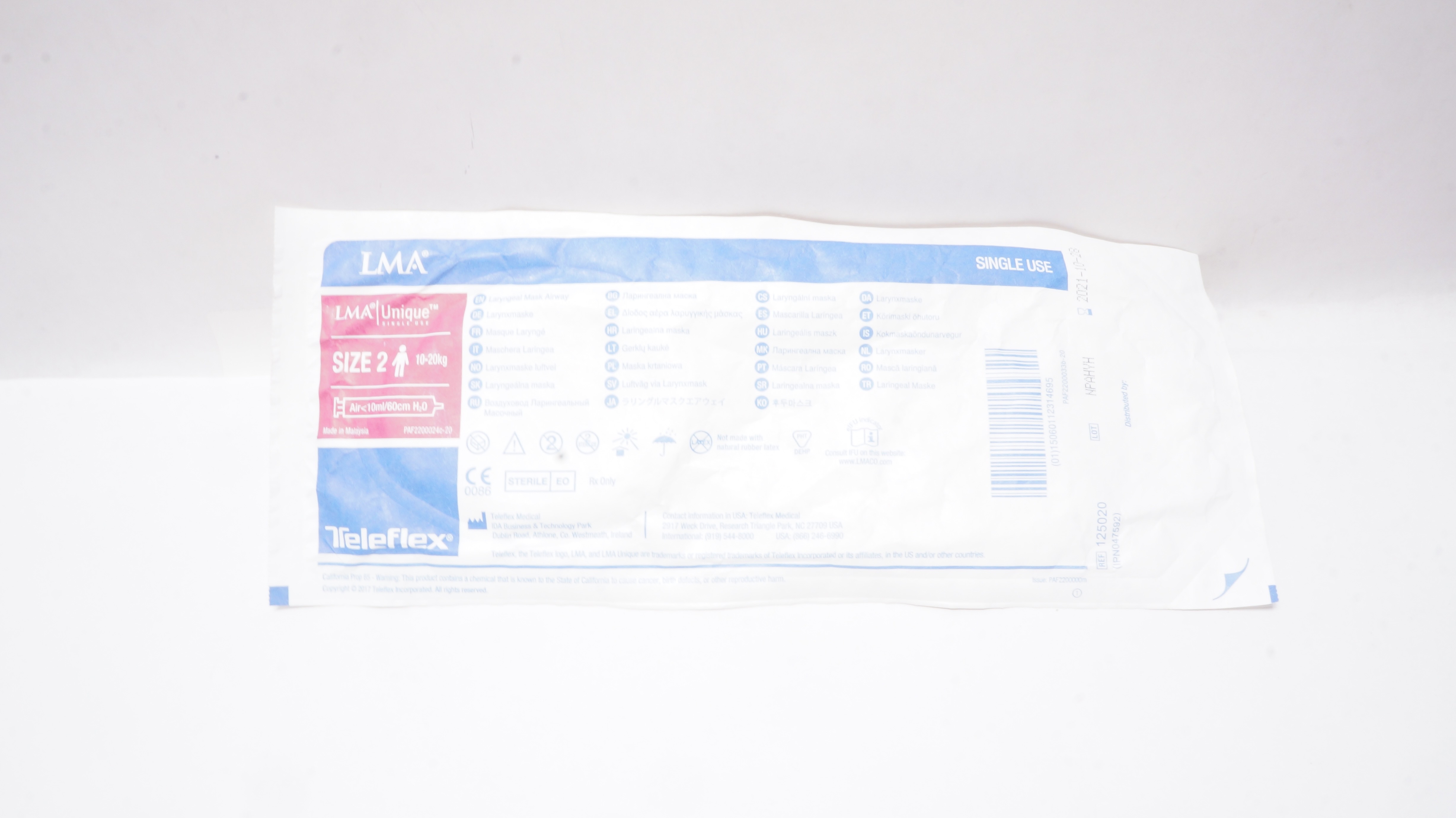 Teleflex 125020 LMA Laryngeal Mask Airway Size 2 10-20kg Air<10ml/60cm H2O (x)
