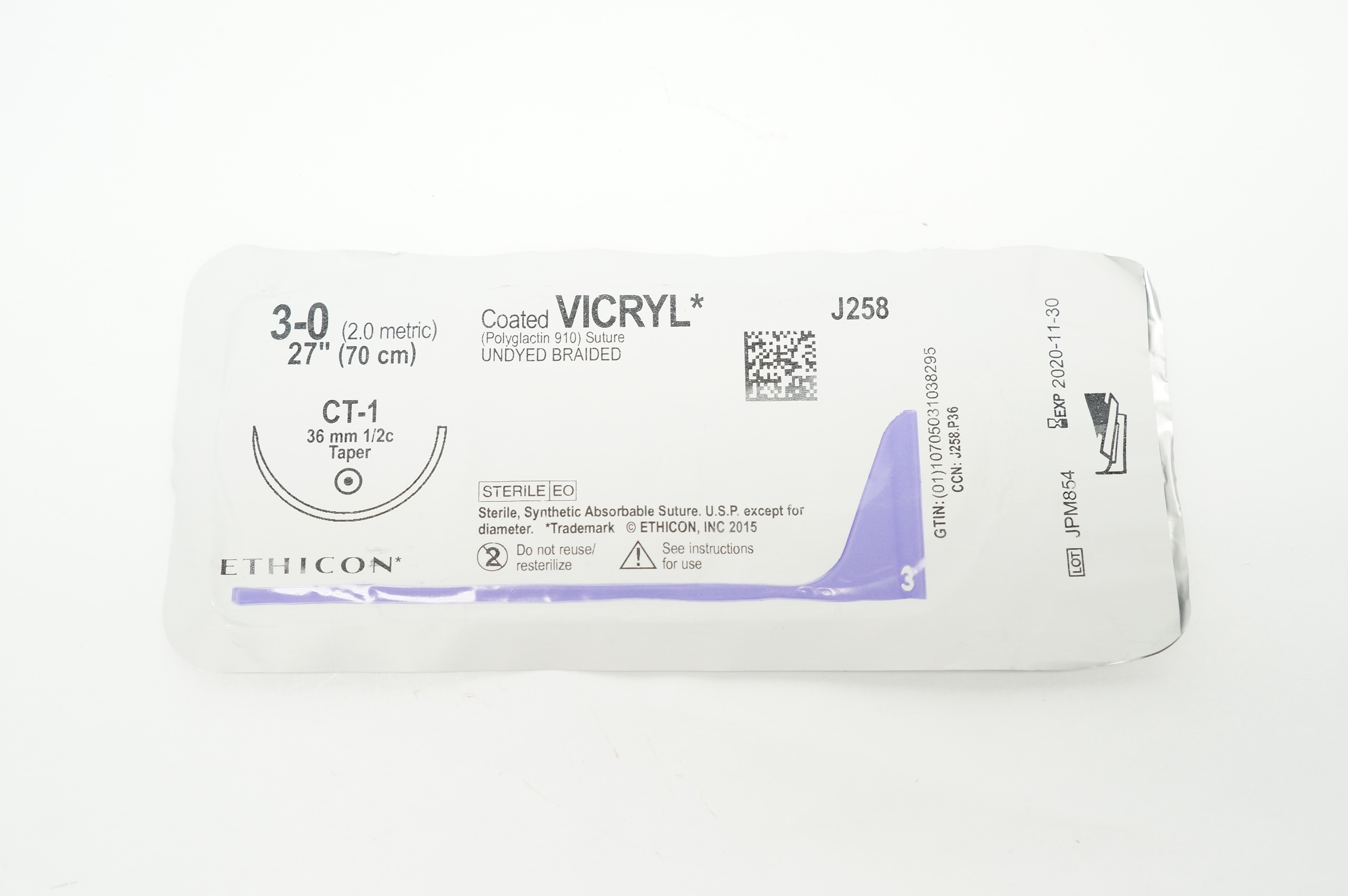 Ethicon J258 3-0 Coated VICRYL Stre CT-1 36mm 1/2c Taper 27 inch (x)