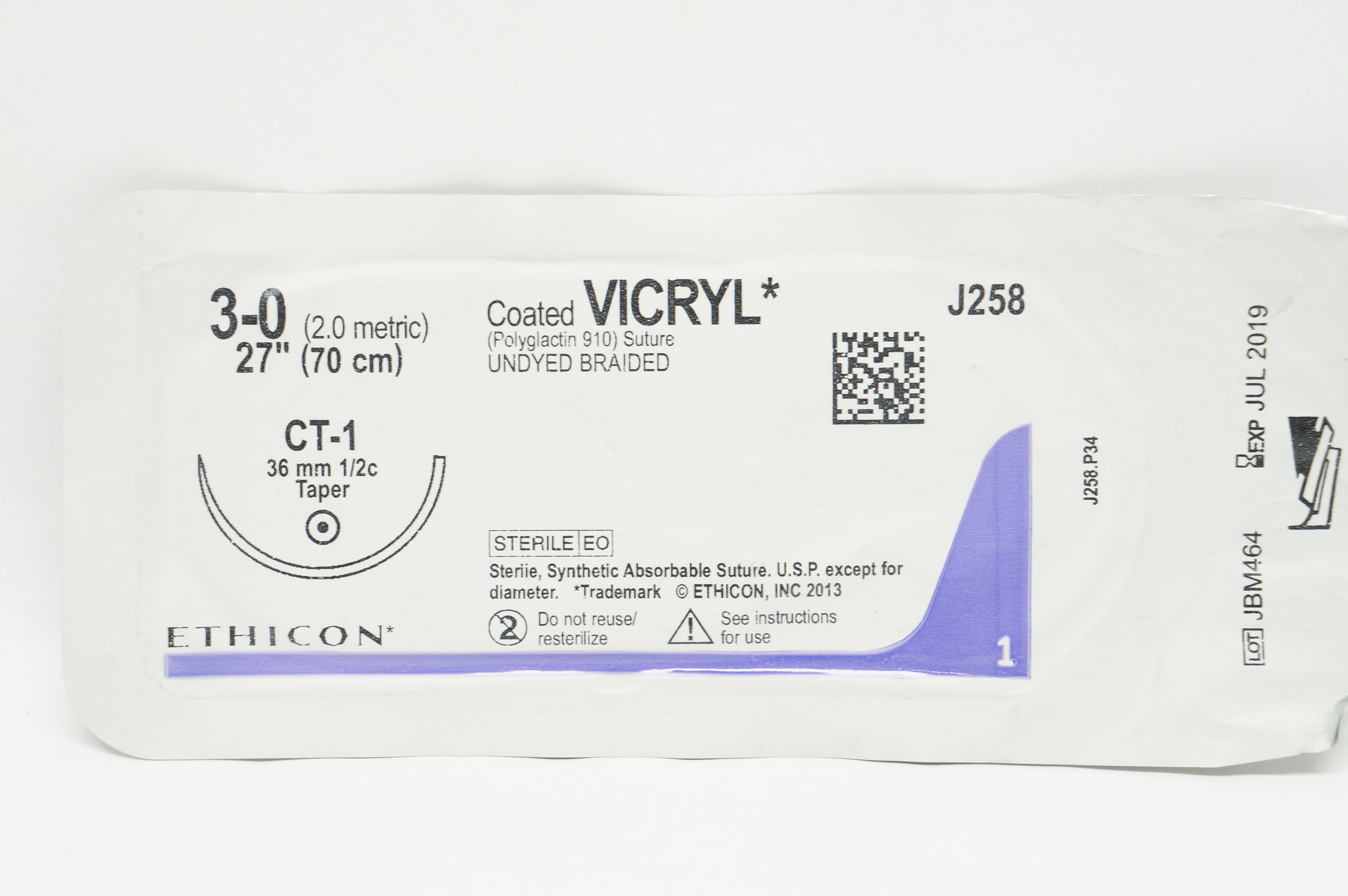 Ethicon J258 3-0 Coated VICRYL Stre CT-1 36mm 1/2c Taper, 27inch (x)