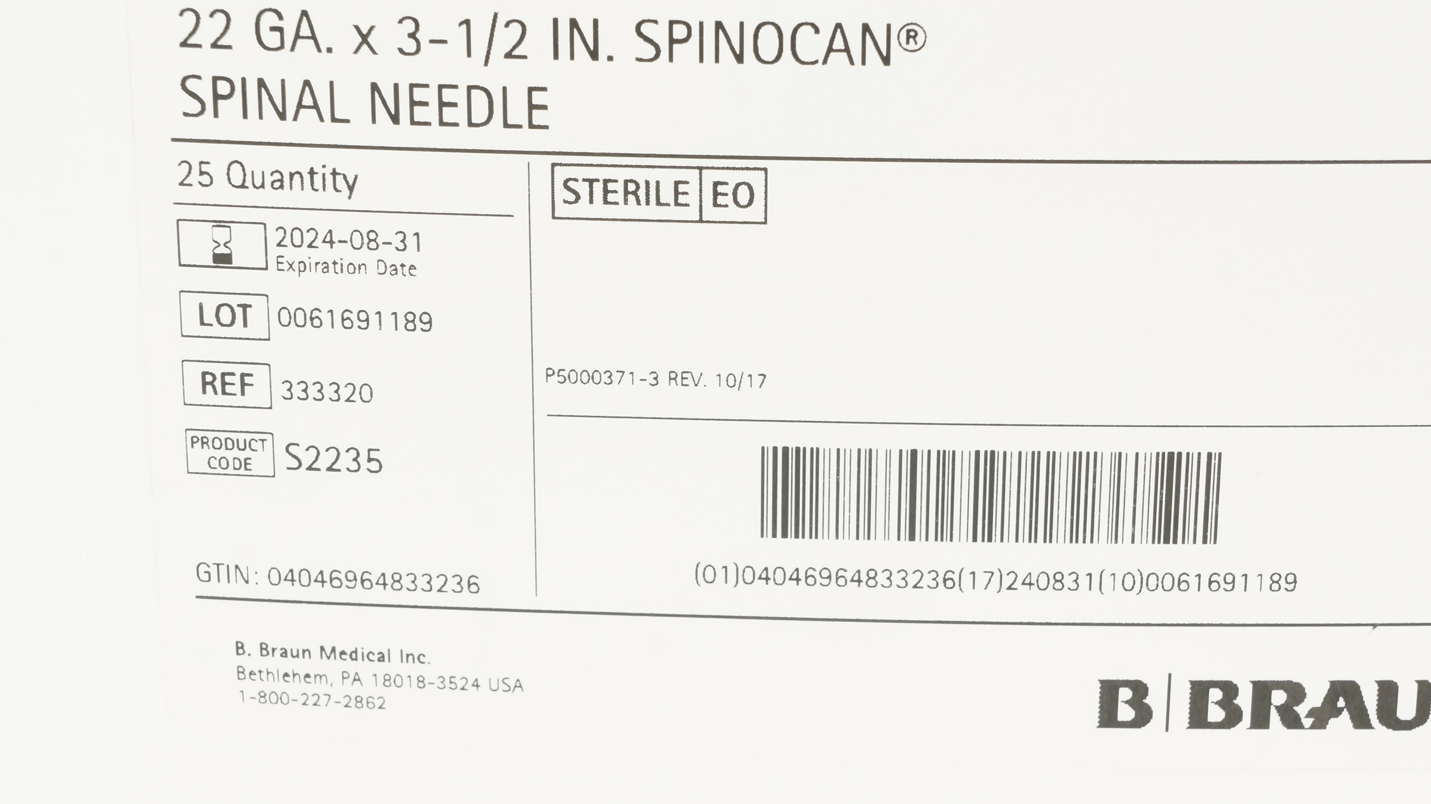 Braun 333320 Spinocan Spinal Ndle 22Ga x 3-1/2inch (x) - Box of 25