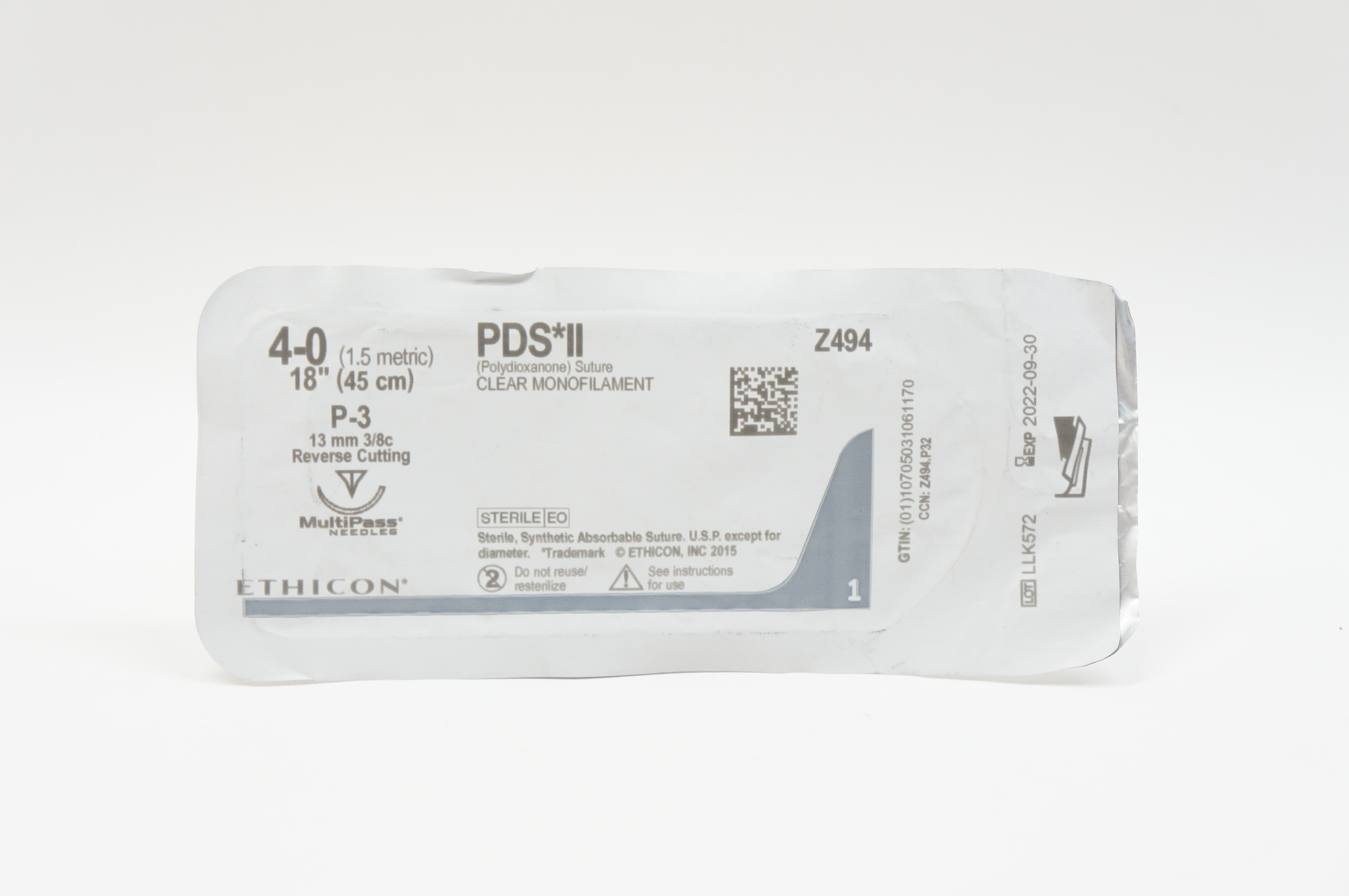 Ethicon Z494 4-0 PDS II, P-3, 13mm 3/8c Reverse Cutting, 18inch (x)