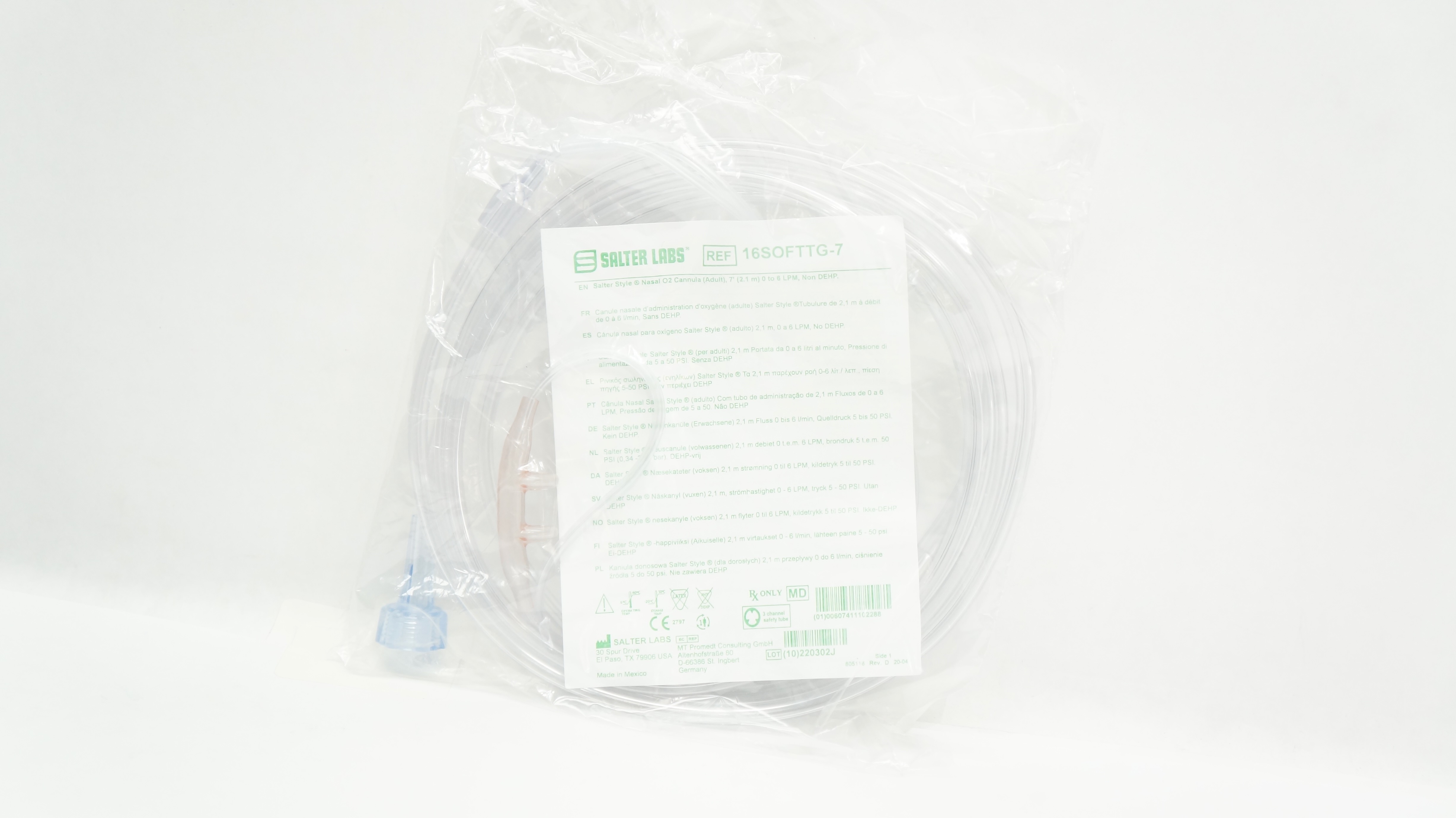 Salter Labs 16SOFTTG-7 Nasal O2 Cannula Adult 7ft. 0 to 6 LPM Non-DEHP